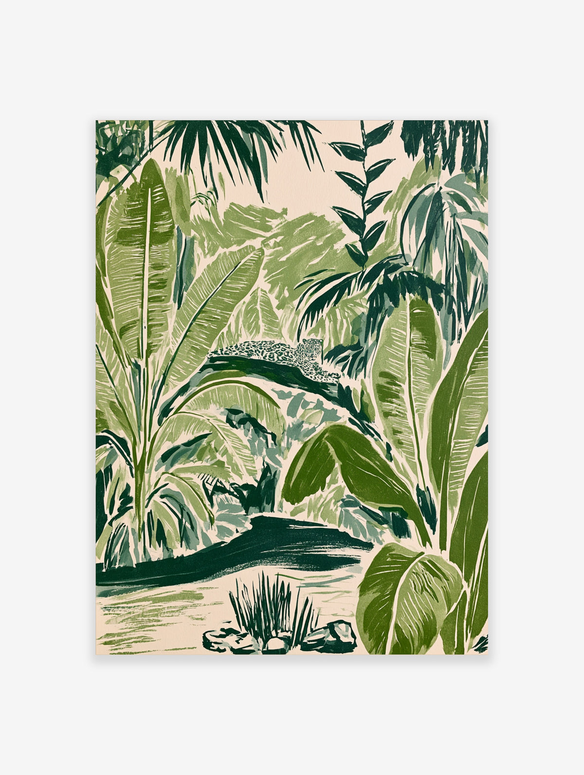 Green jungle leopard art print with spotted cat on branch and tropical leaves