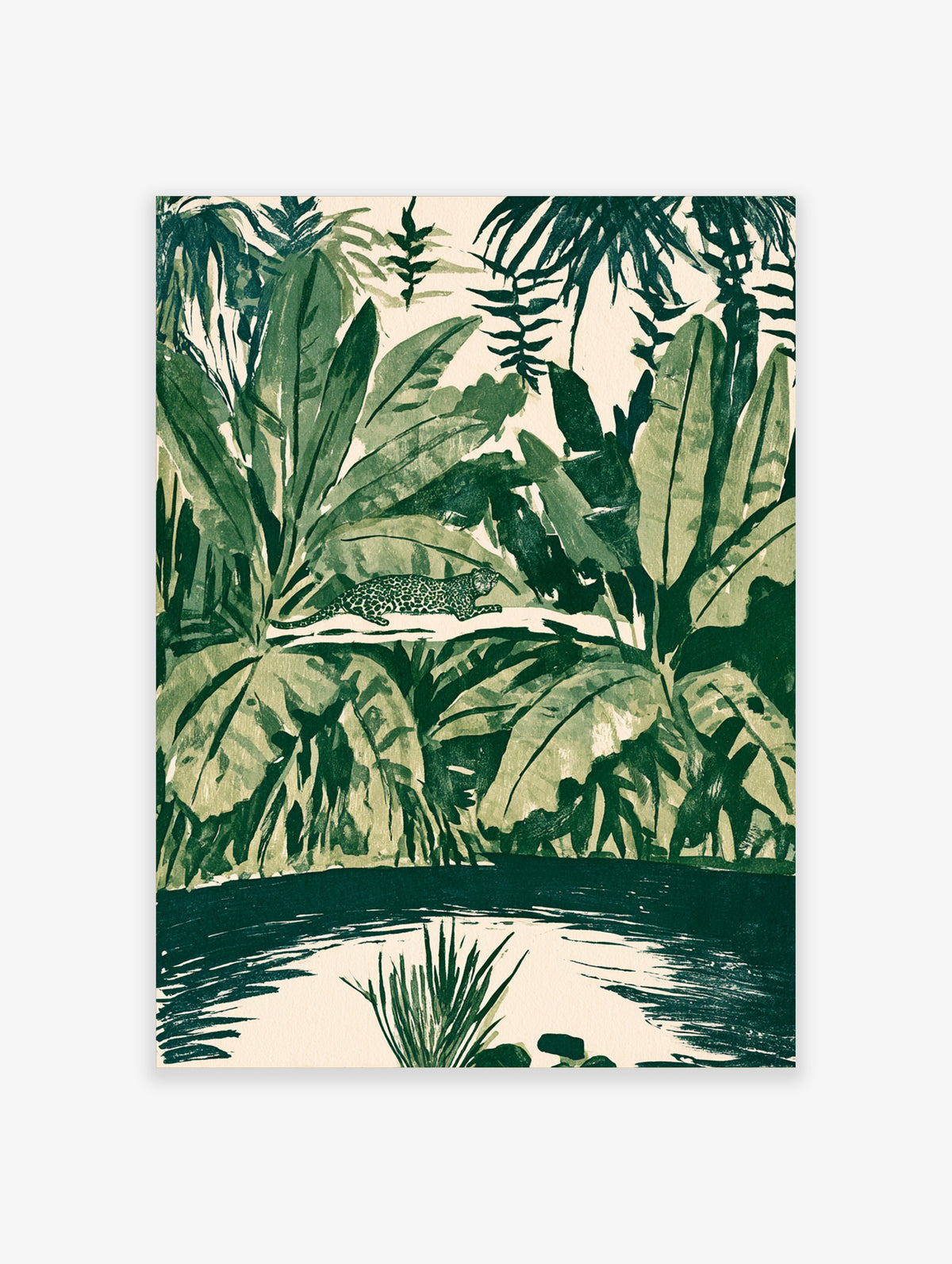 Green jungle leopard art print with spotted cat among tropical leaves and dark water