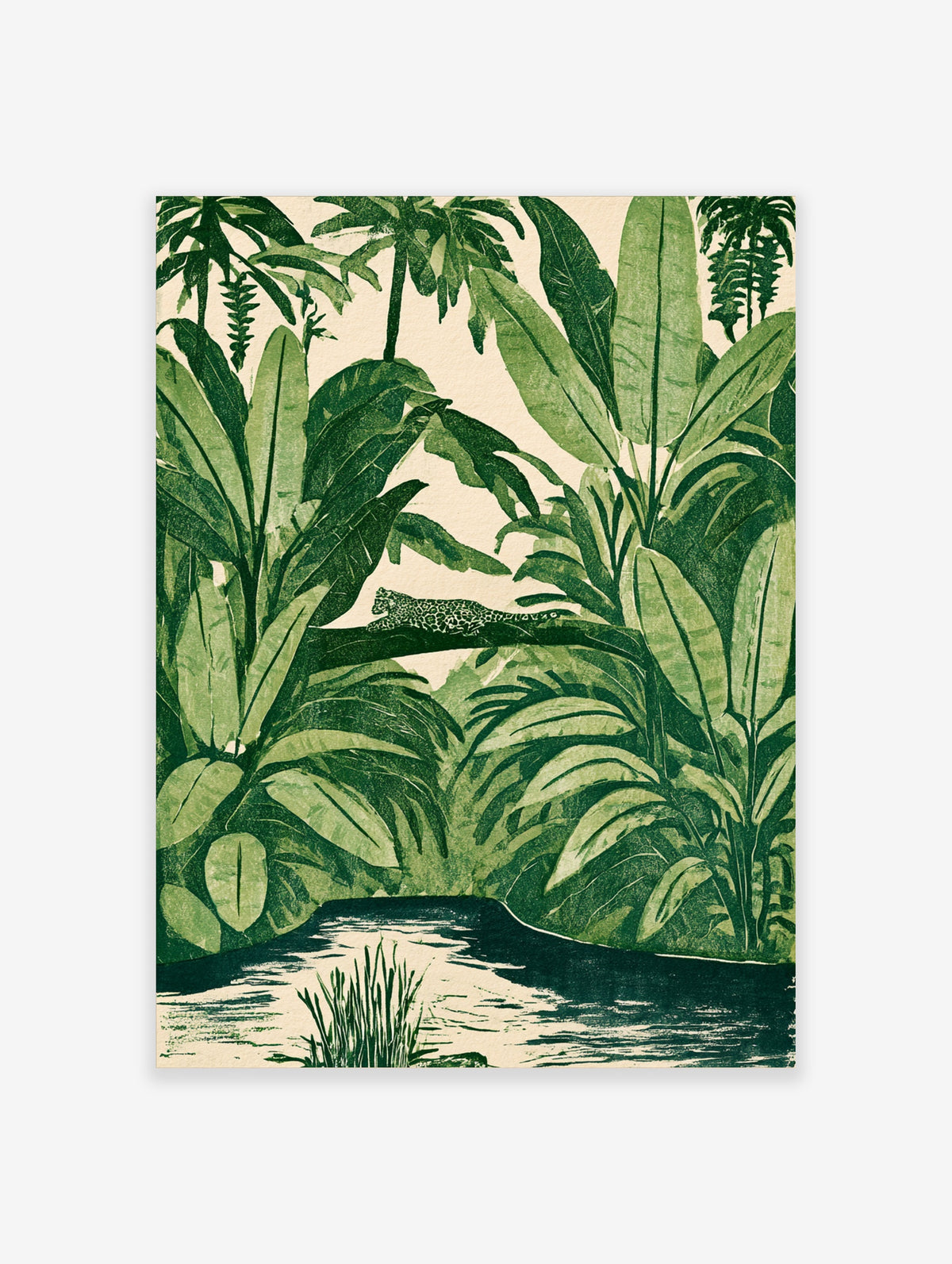 Green jungle leopard art print with spotted cat on branch, tropical leaves and stream