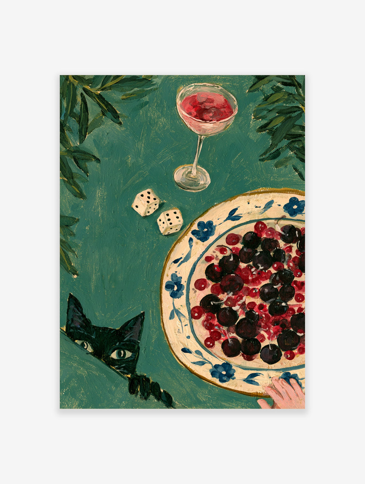 Green kitchen poster with black cat, cherry plate, dice and wine glass