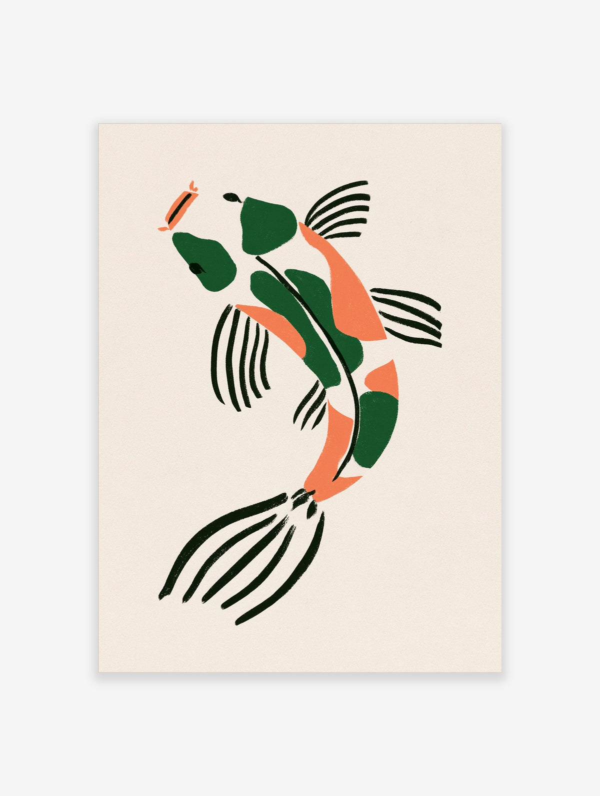 Green and orange koi fish art print with black fins on a cream background