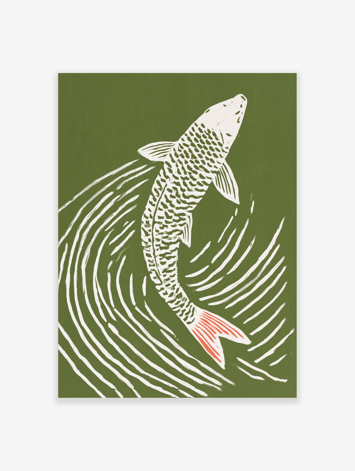 Green koi fish poster with white line art, red tail, and rippling water rings on olive background