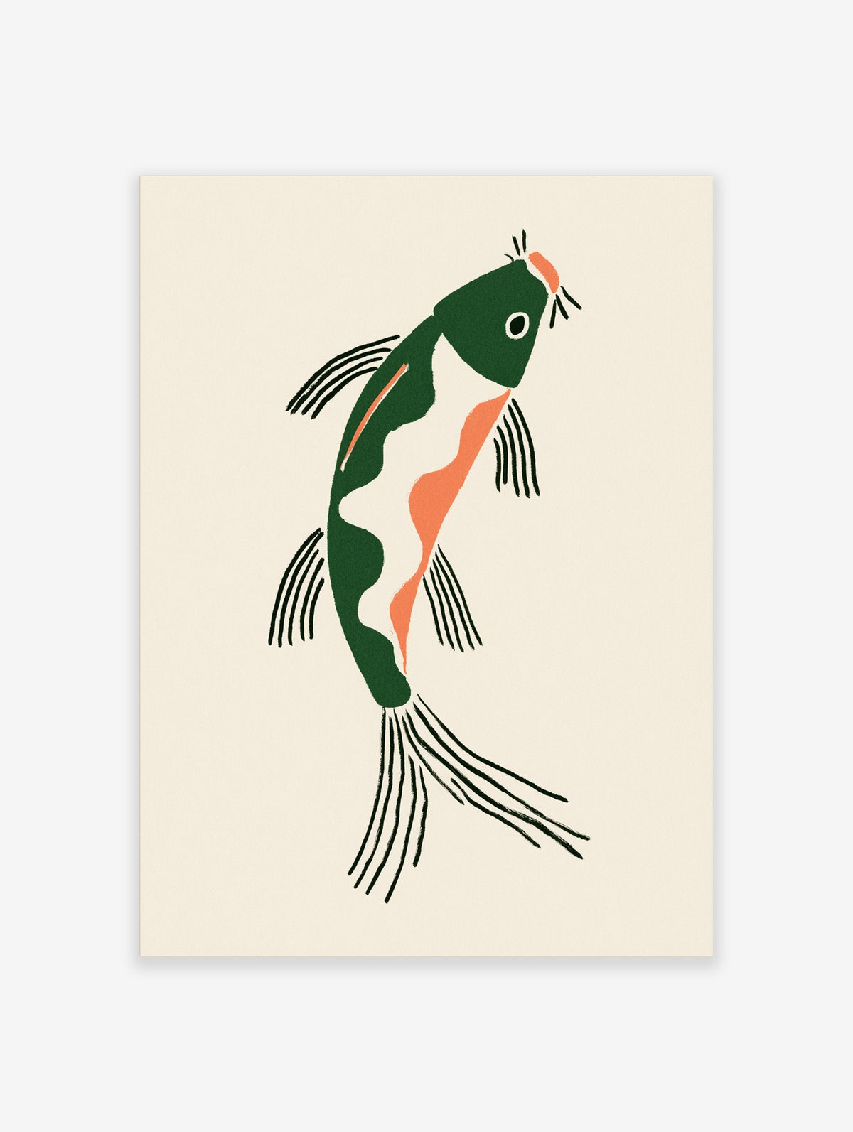 Green and orange koi fish art print with black line fins on a cream background