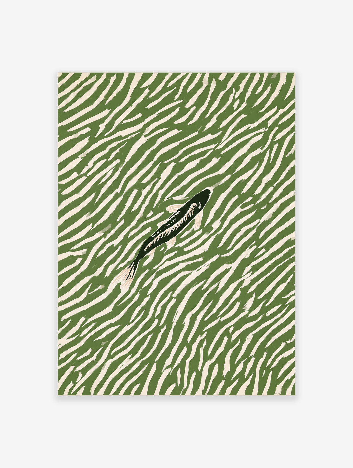 Dark green koi fish swimming through white brushstroke water ripples on olive green background art print
