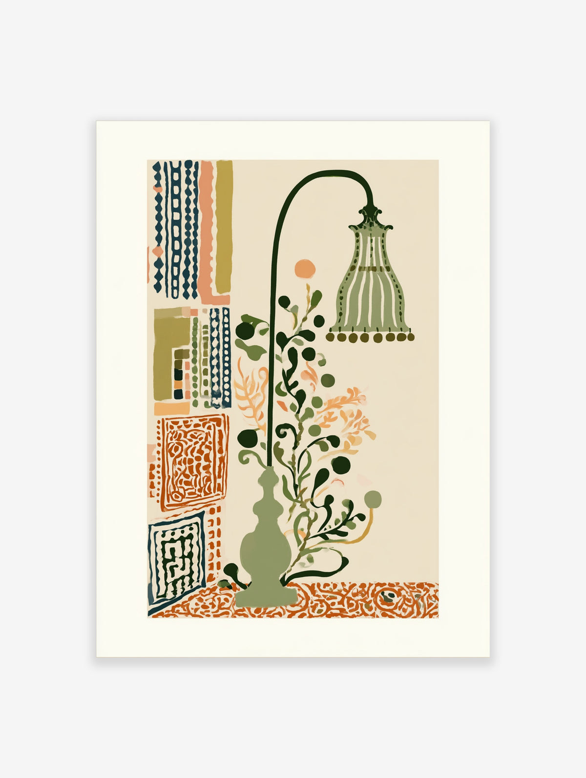 Green lamp botanical poster with stylised foliage and patterned textile panels in a mid century modern interior style