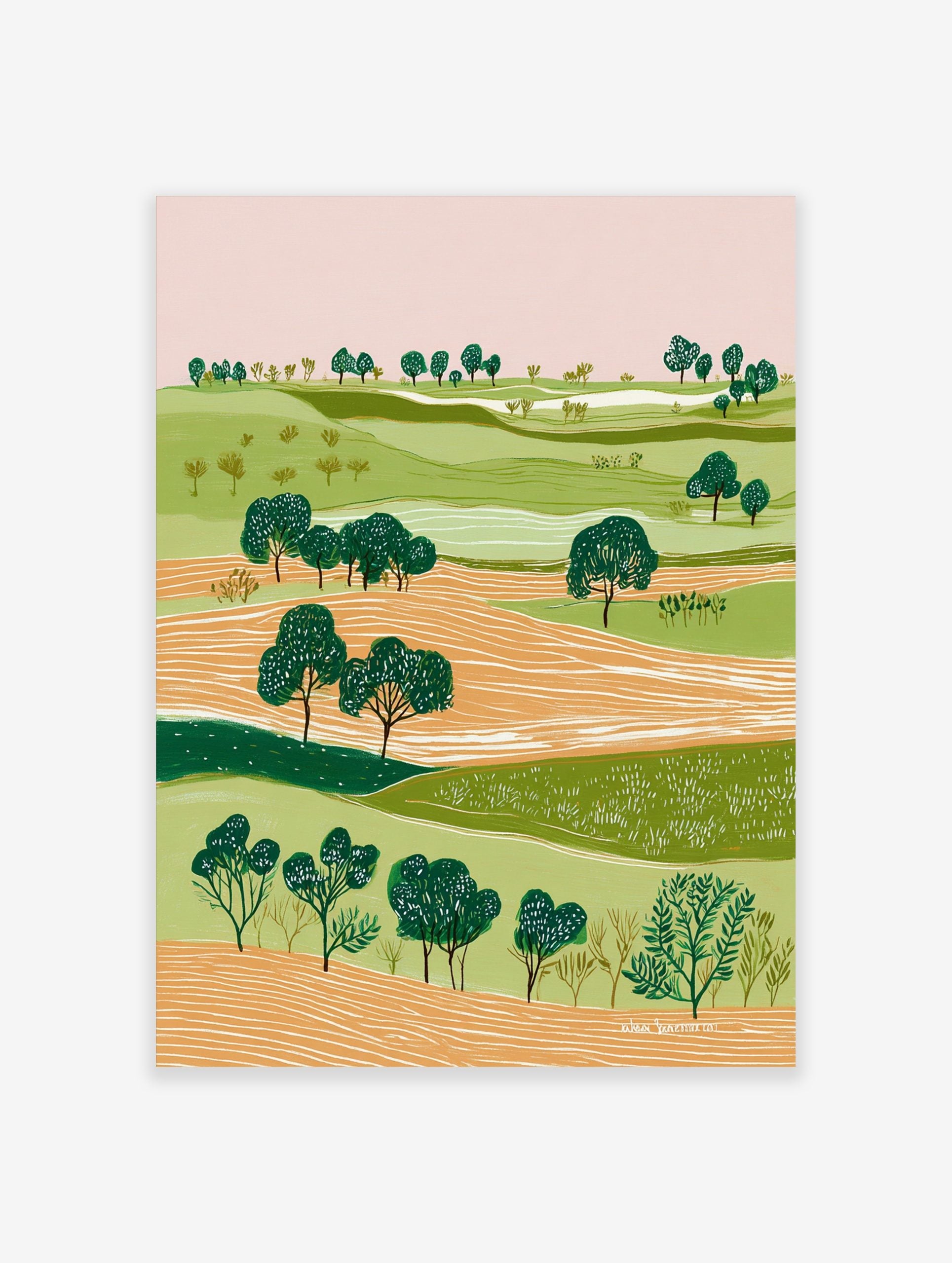 Illustrative green landscape art print with rolling hills, orange fields, and dark green trees under a pink sky