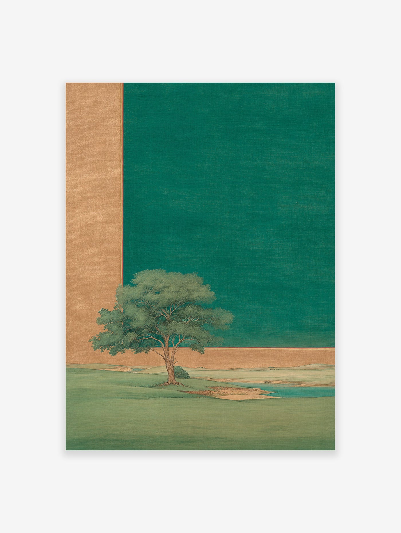 Serene green landscape painting with a lone tree by water, featuring gold and emerald green background elements.