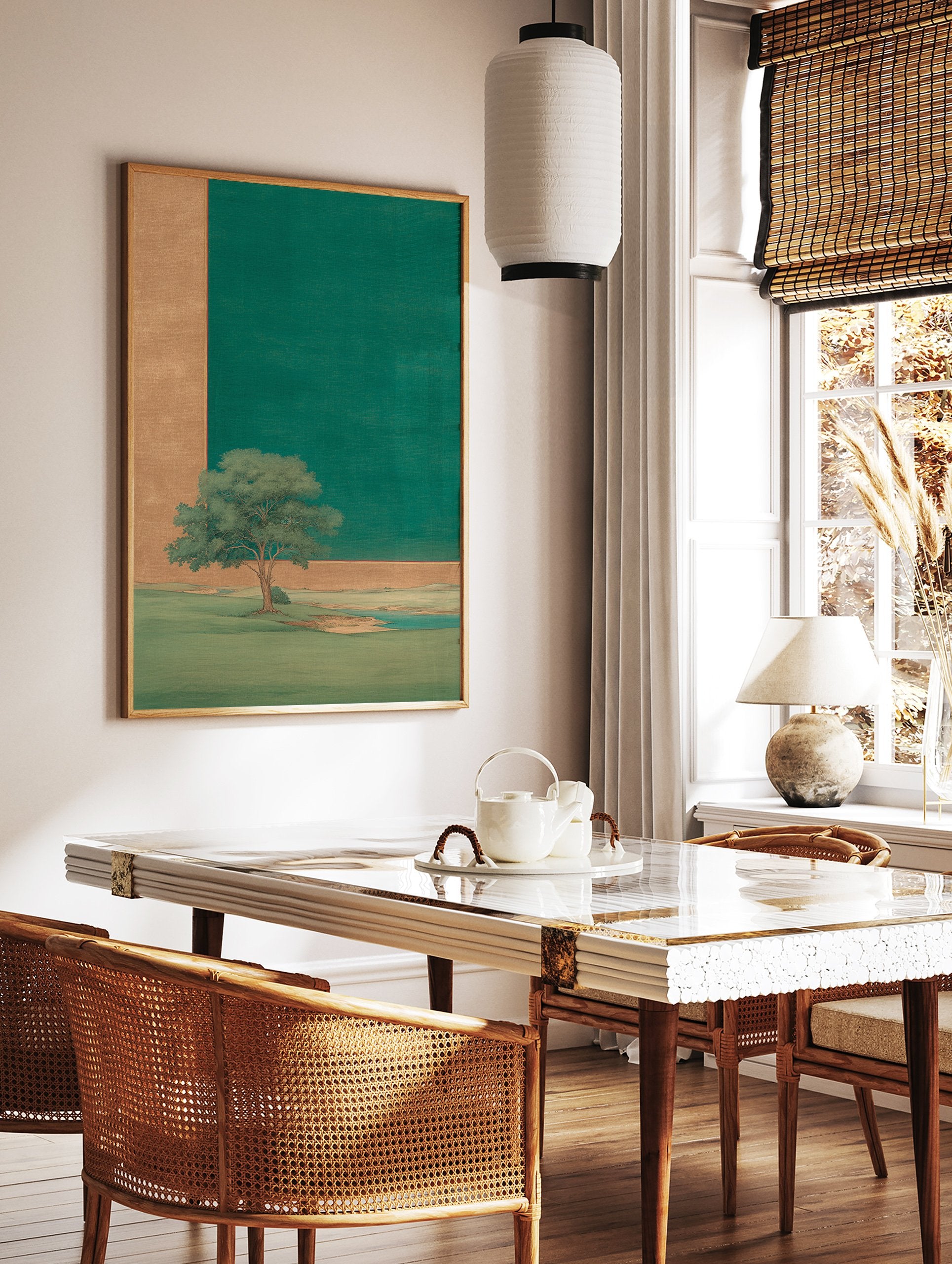 Serene green landscape painting with a lone tree by water, featuring gold and emerald green background elements. - Image 2