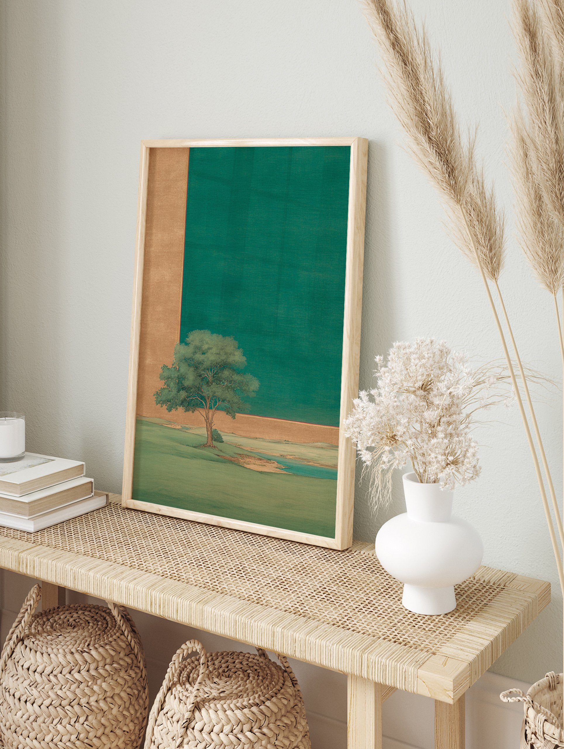 Serene green landscape painting with a lone tree by water, featuring gold and emerald green background elements. - Image 3