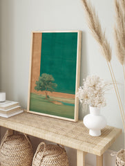 Serene green landscape painting with a lone tree by water, featuring gold and emerald green background elements. - Image 3