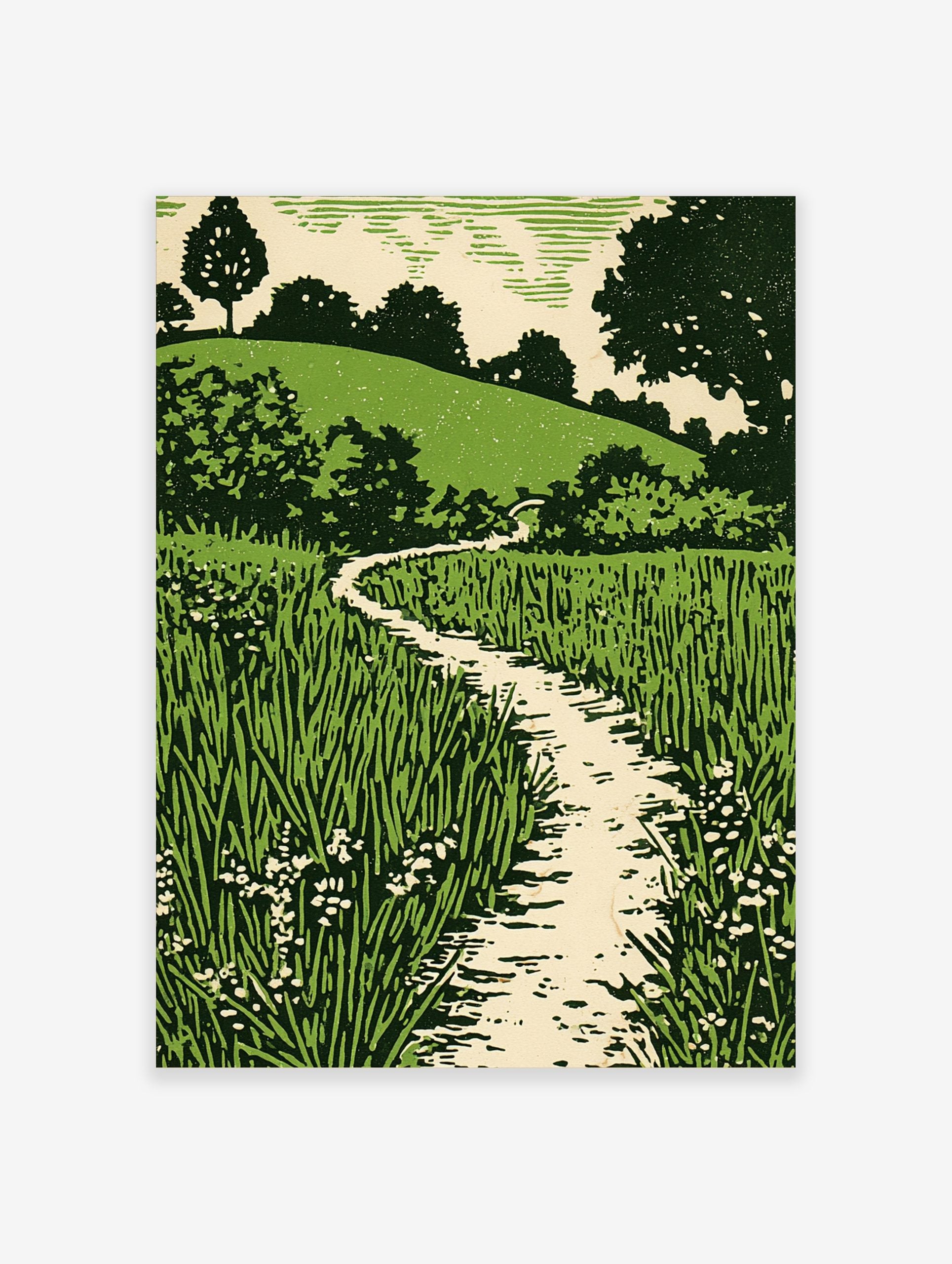 Green landscape woodcut style print with winding path, tall grass, small flowers, and tree-covered hill
