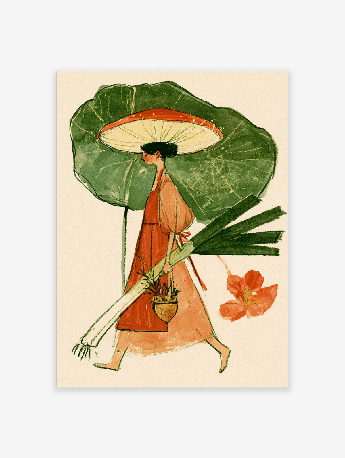 Botanical illustration poster of a woman in an orange dress holding a giant green leaf umbrella and a potted plant
