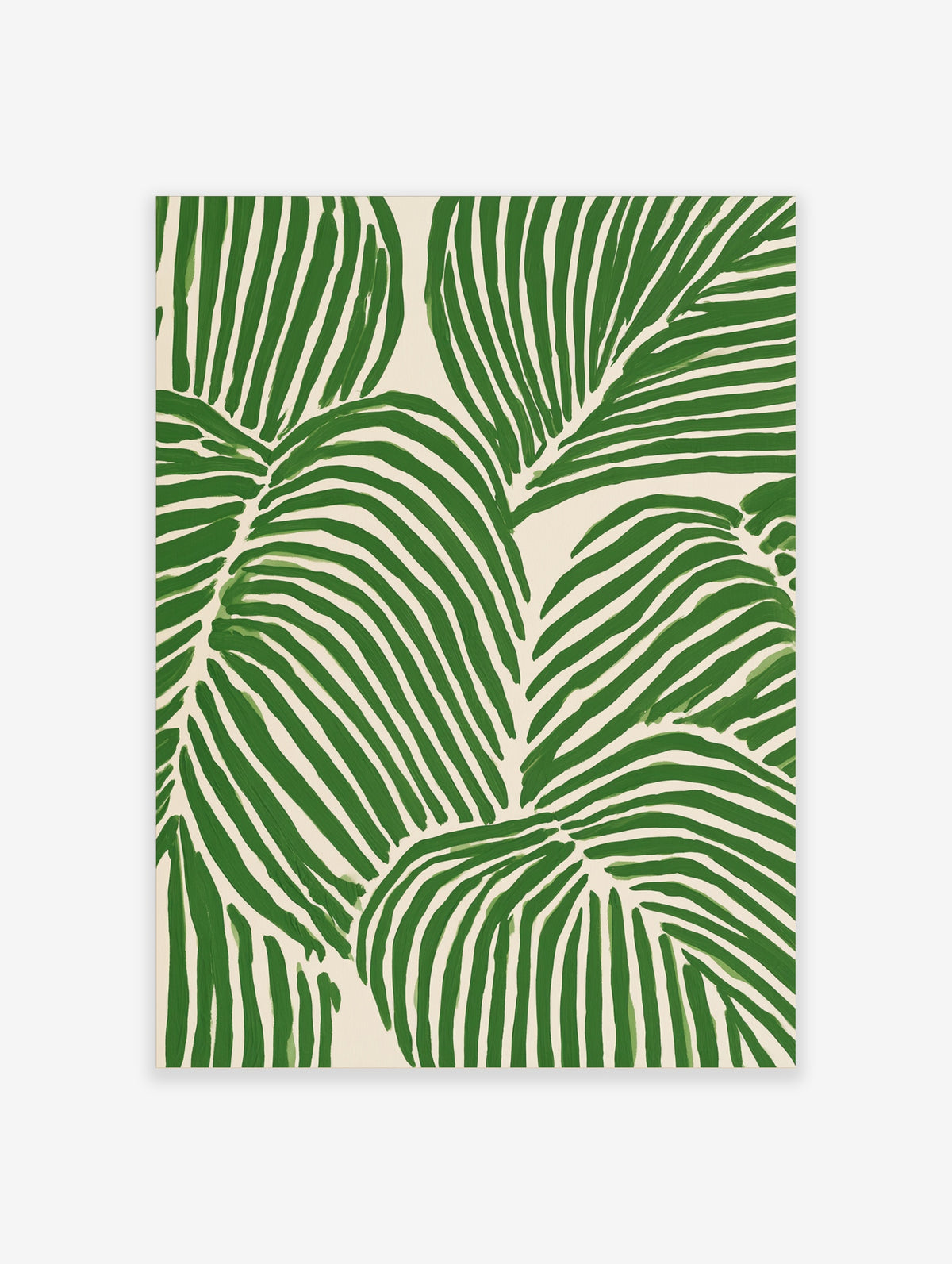 Green palm leaf art print with bold stripes on cream background