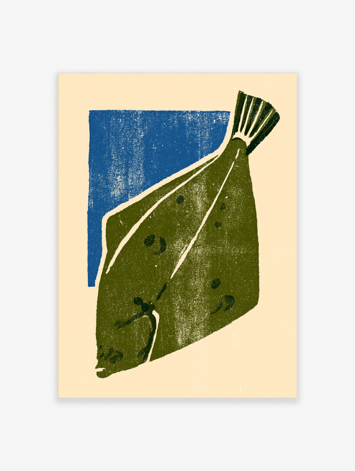 Green leaf art print with dark spots and pale veins on a blue block background