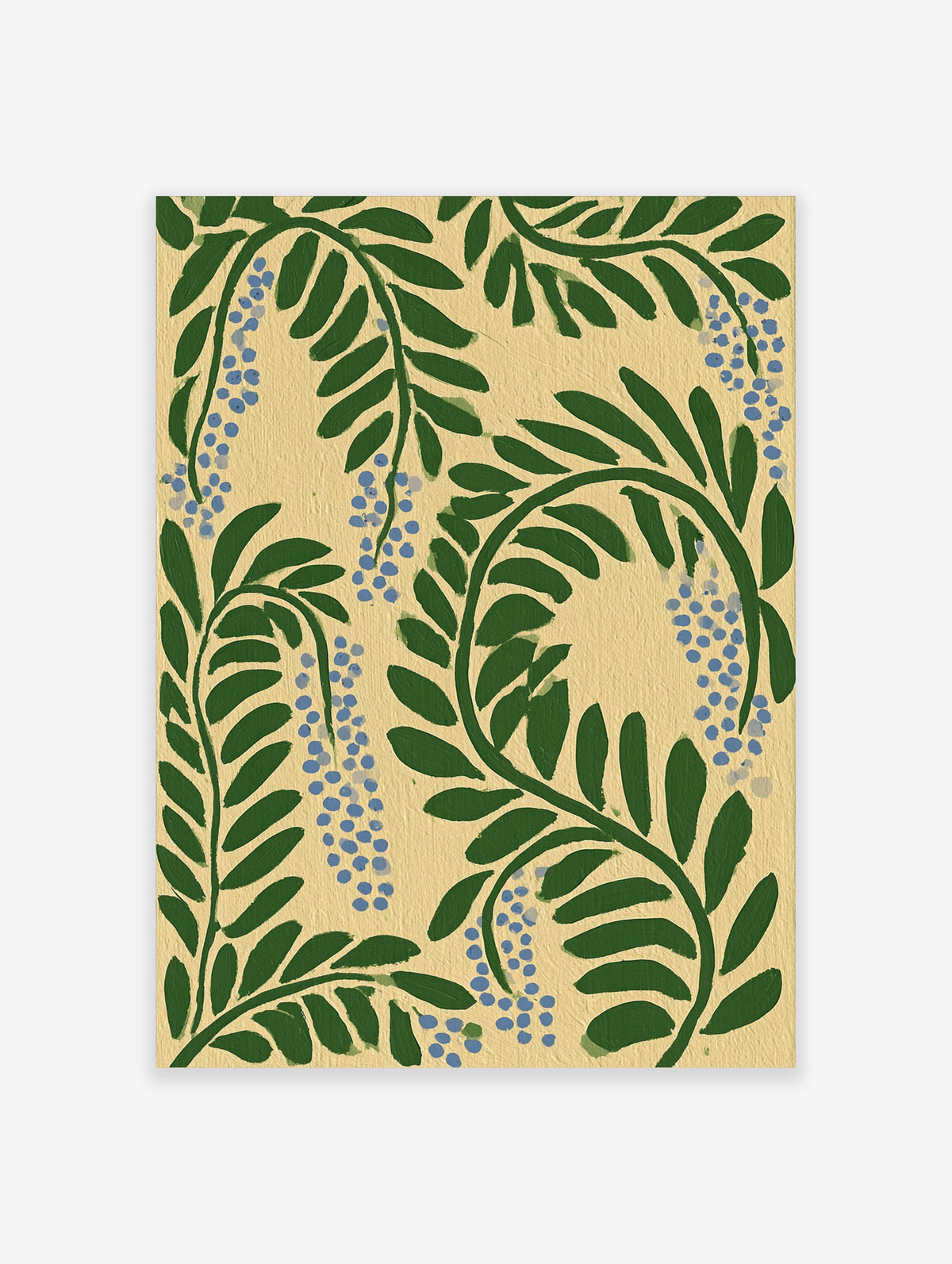 Green trailing vine botanical art print with blue berries on cream background