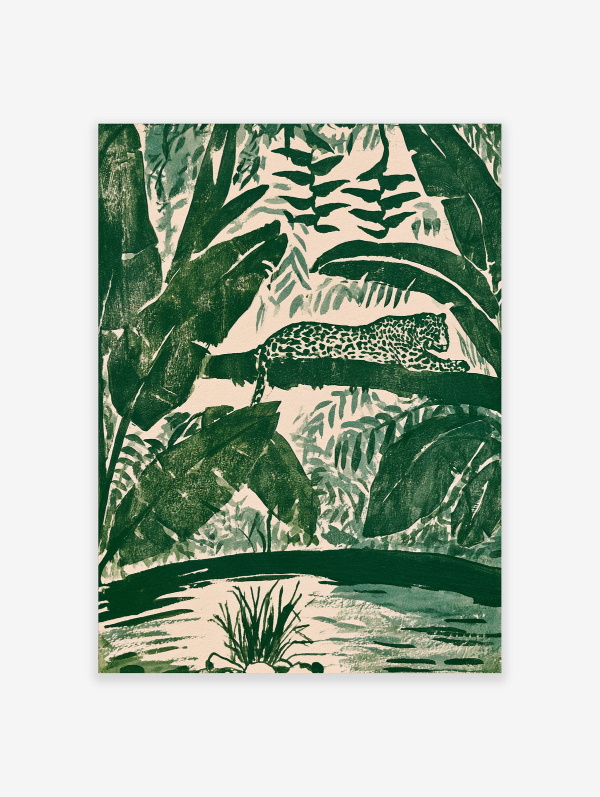 Green leopard jungle poster with spotted cat on branch among tropical leaves