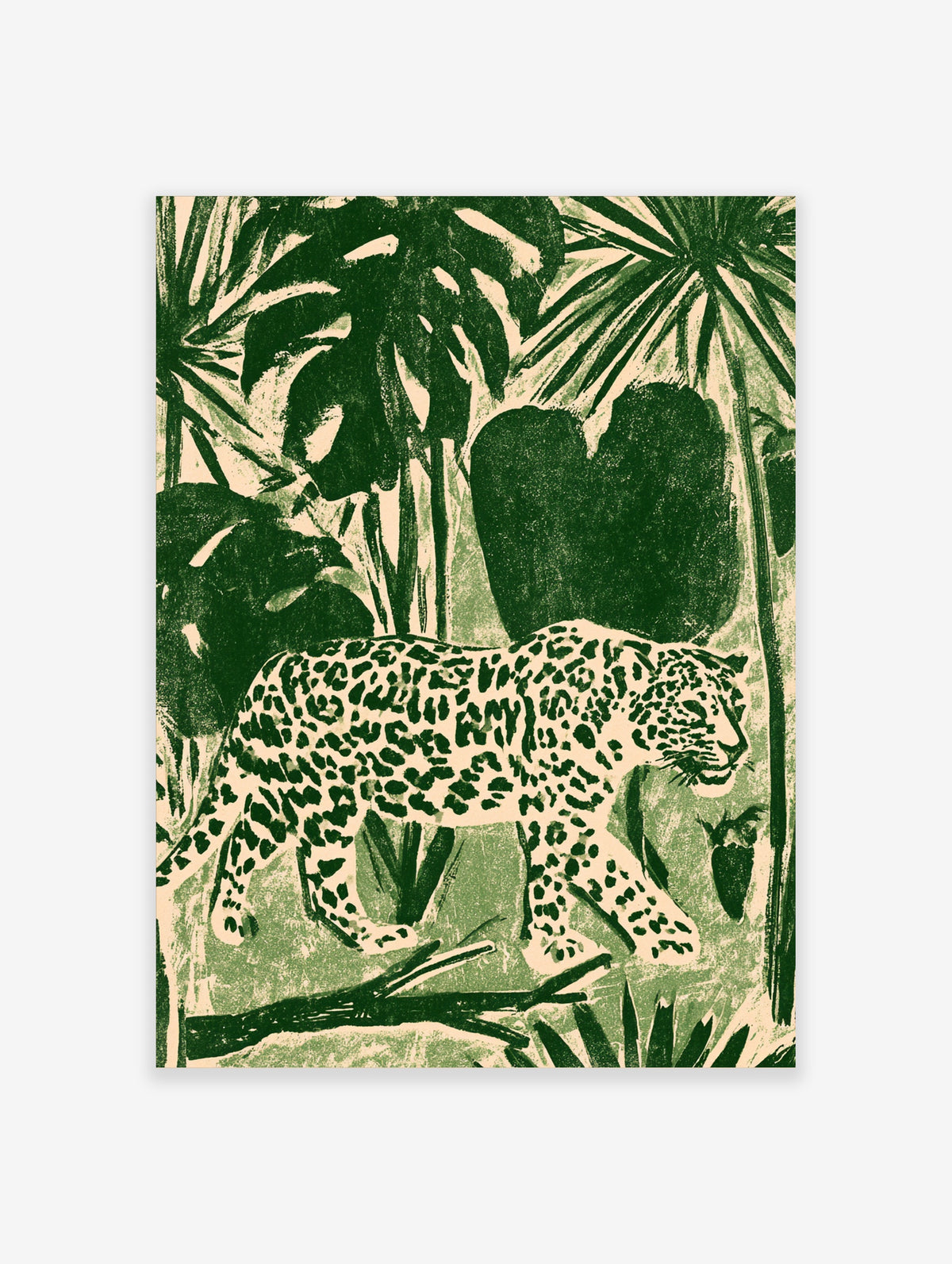 Green leopard walking through jungle foliage art print with palm leaves and tree trunk
