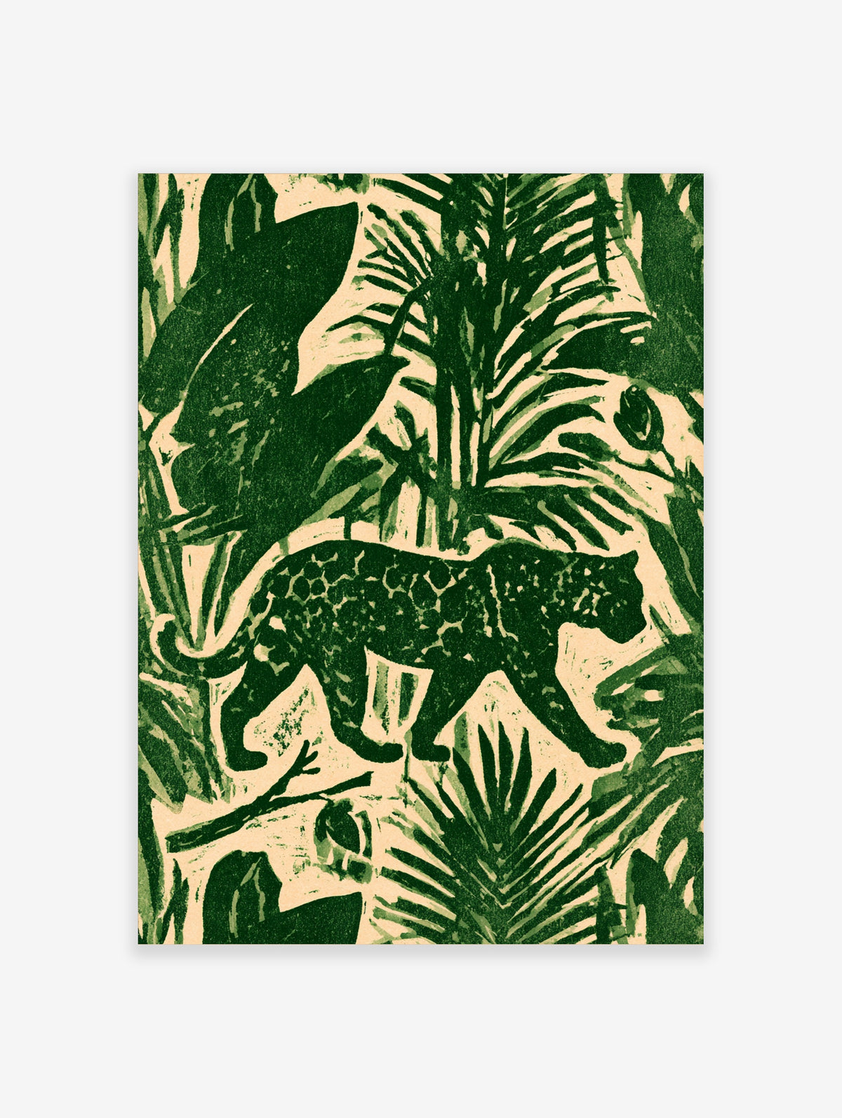 Green leopard walking through tropical jungle foliage art print in deep green and cream