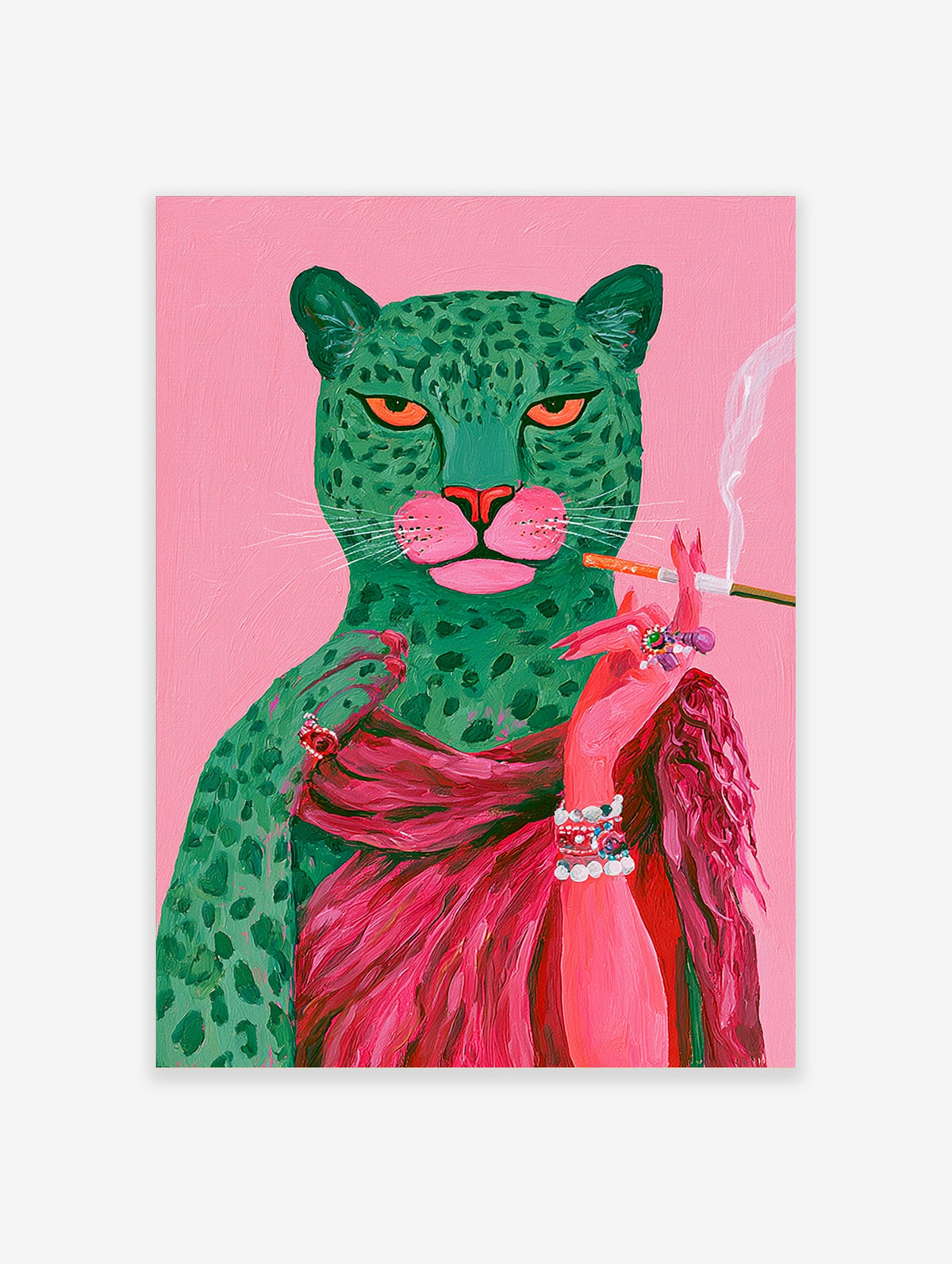 Green leopard smoking a cigarette in a pink robe on a pink background art print