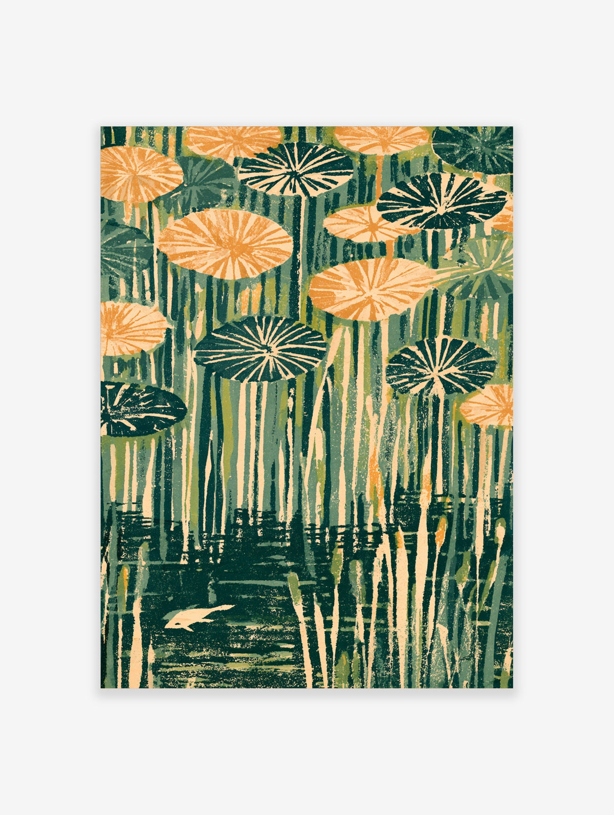 Green lily pad poster with layered botanical leaves and vertical water reflections