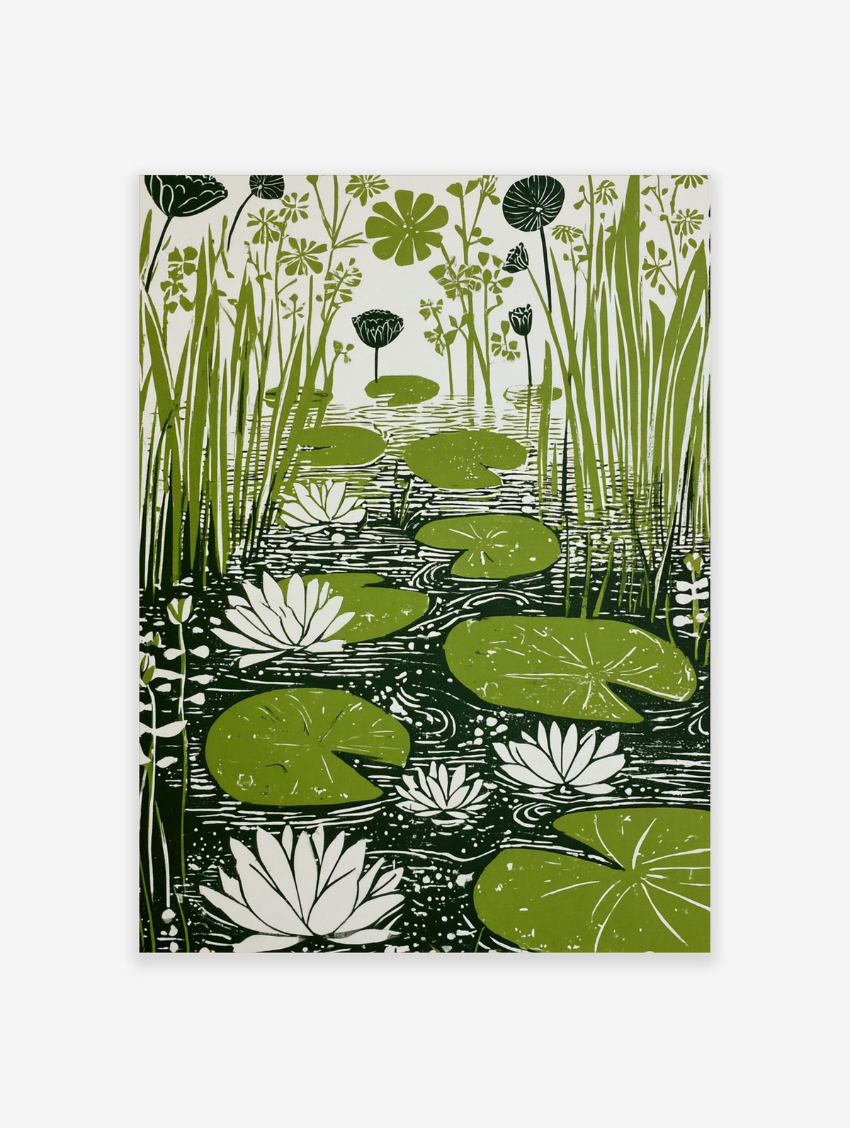 Green lily pads, white water lilies, and tall reeds in a pond, linocut-style botanical print