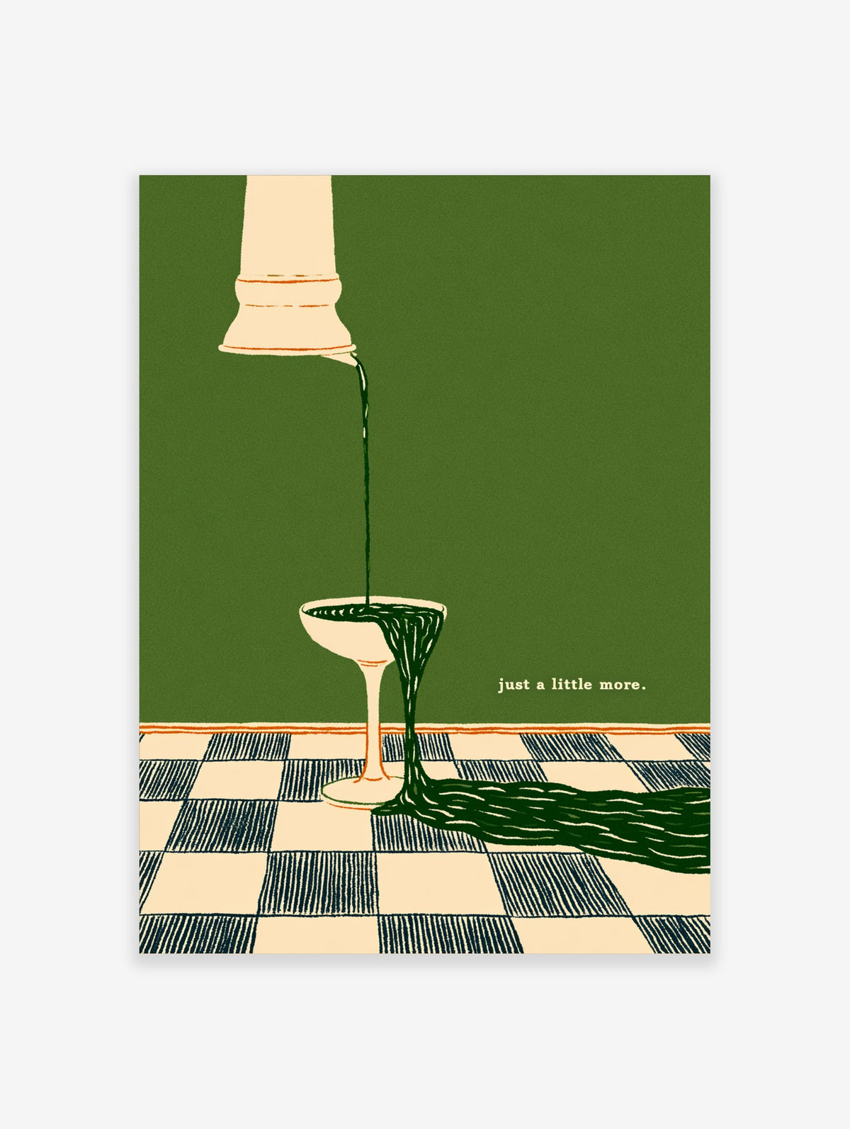 Surreal green liquid pour poster with cream pedestal, bowl and checkered floor