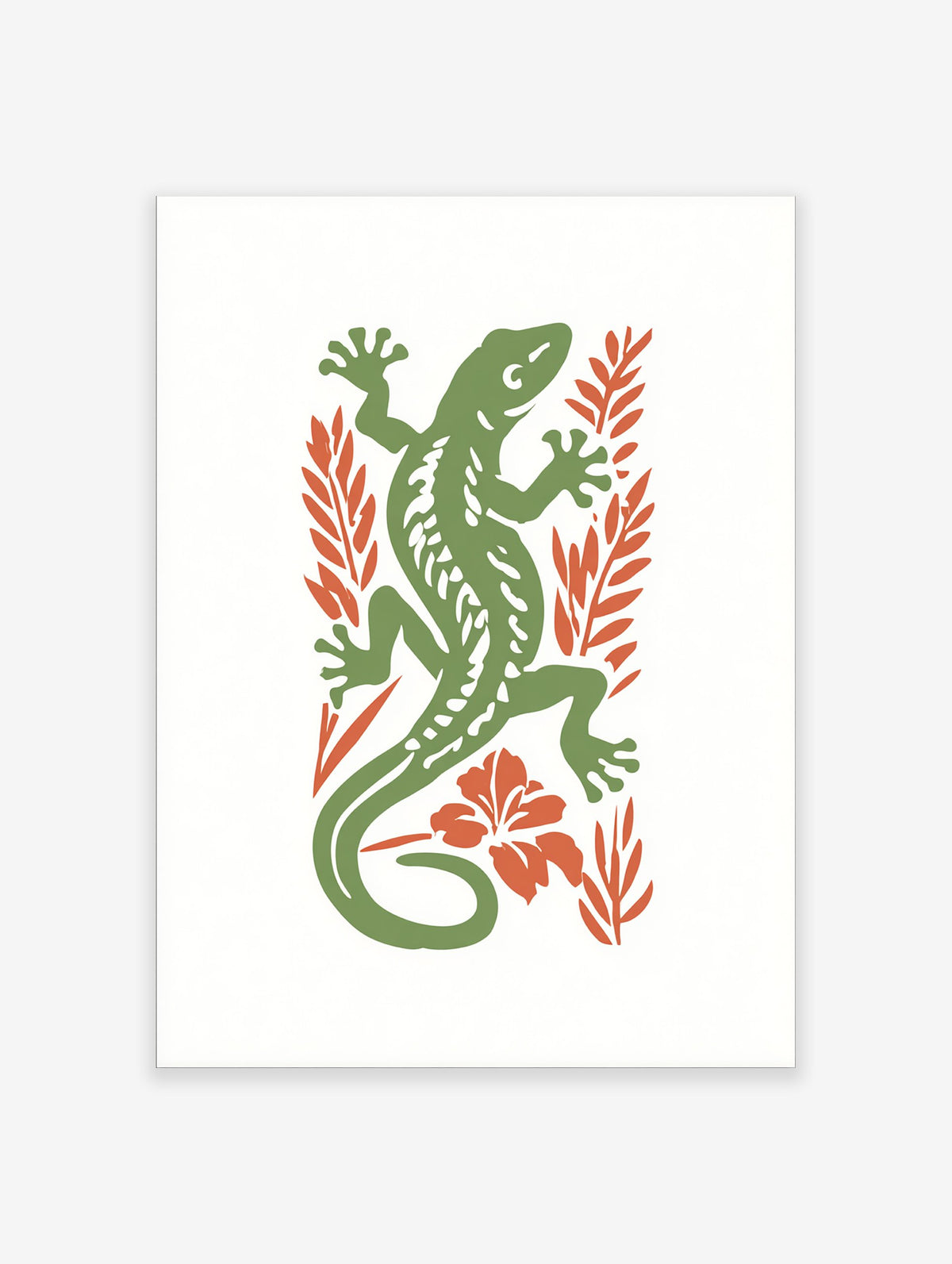 Green lizard illustration with orange botanical leaves and flower on a white background, nature-inspired wall art print.