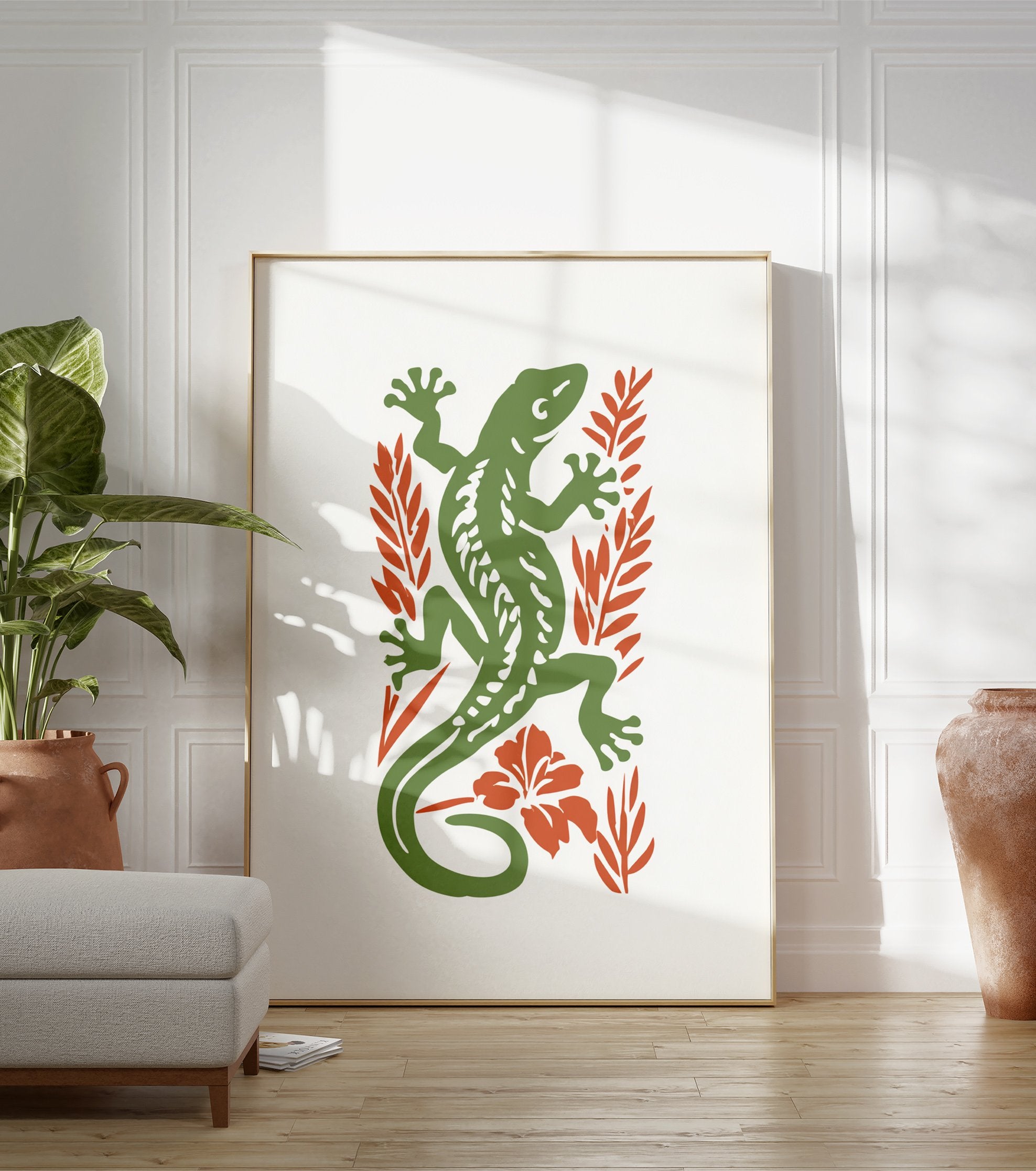 Green lizard illustration with orange botanical leaves and flower on a white background, nature-inspired wall art print. - Image 3