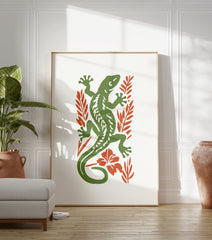 Green lizard illustration with orange botanical leaves and flower on a white background, nature-inspired wall art print. - Image 3