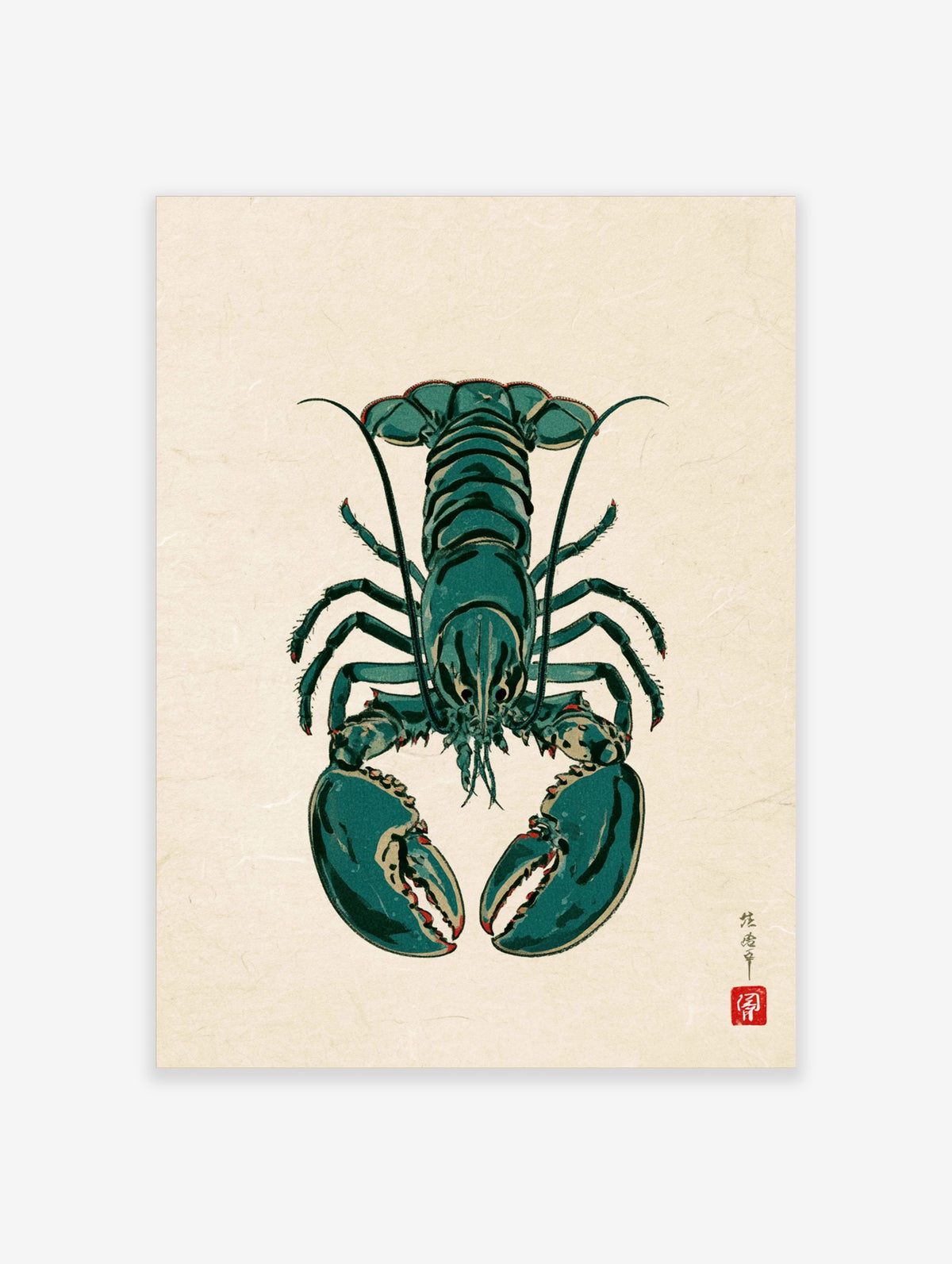 Green lobster poster in Japanese woodblock style with teal shell, segmented claws, and long antennae on a pale background