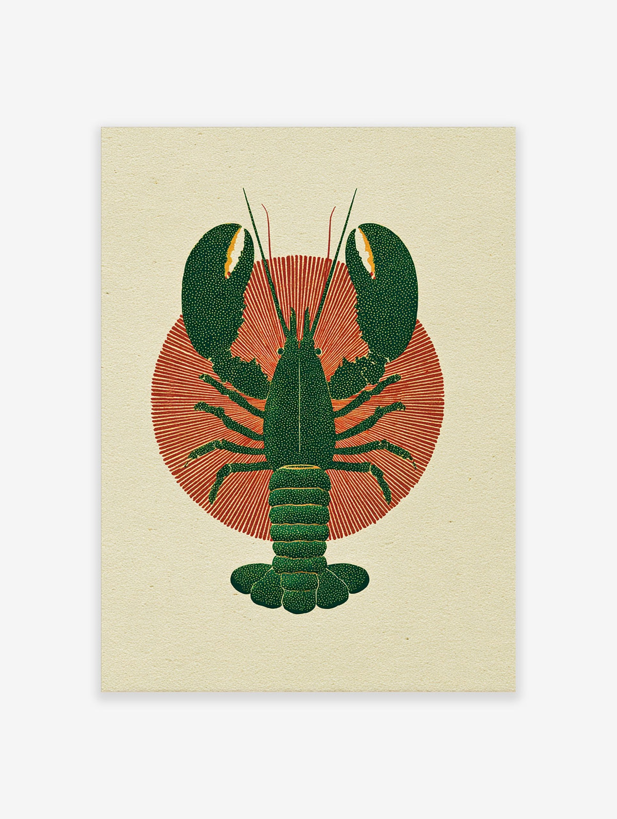 Dark green lobster illustration with textured claws and tail on a red radial sunburst background