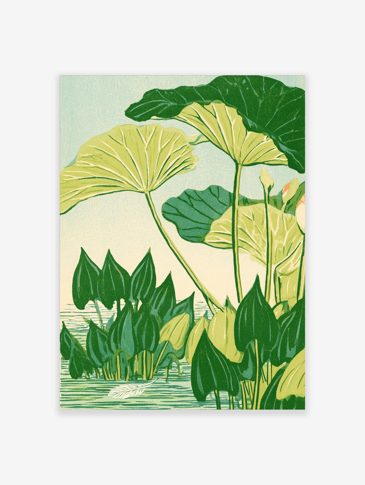Green lotus leaf botanical art print with layered foliage, pale veins, and water ripples