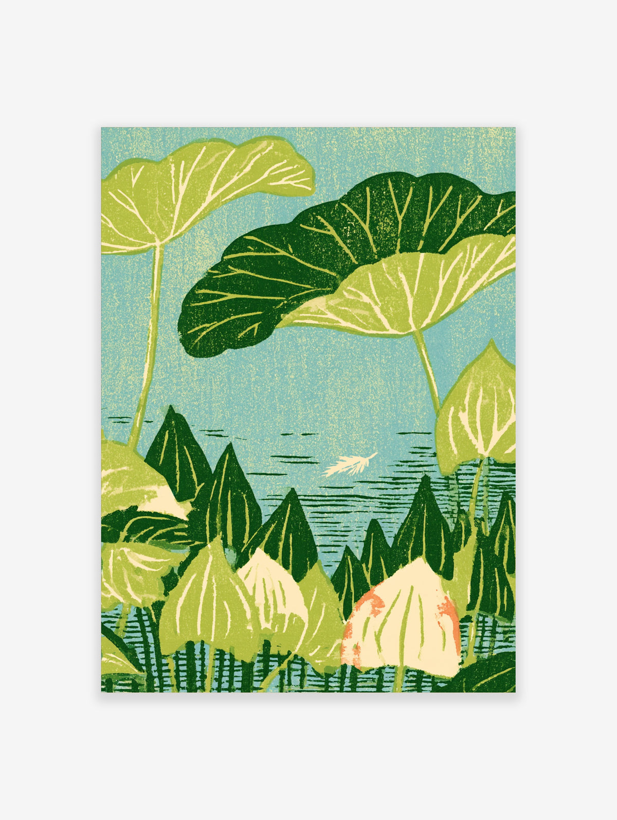 Green lotus leaf botanical pond art print with layered lily pads and pale blue water ripples