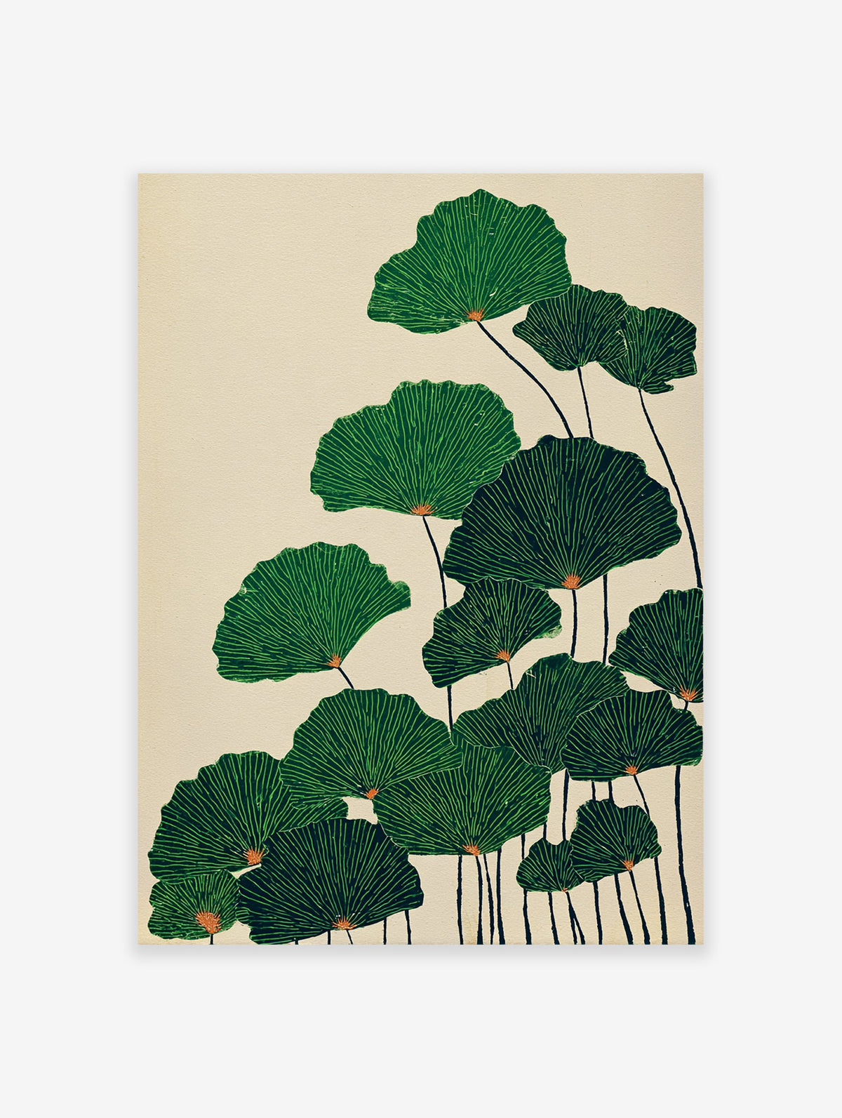 Illustrative art print featuring multiple green fan-shaped botanical leaves on dark stems against a light beige background.