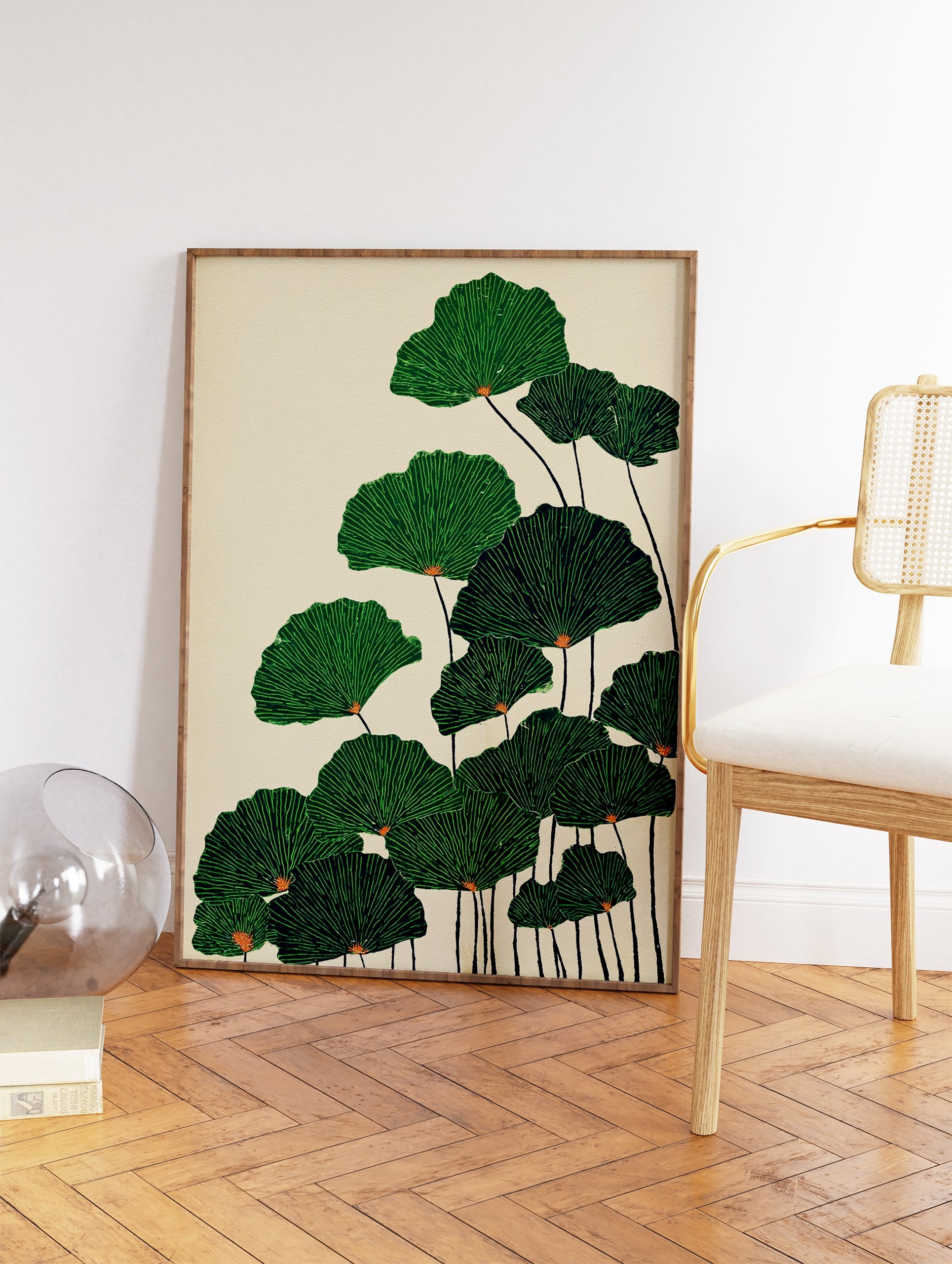 Illustrative art print featuring multiple green fan-shaped botanical leaves on dark stems against a light beige background. - Image 2
