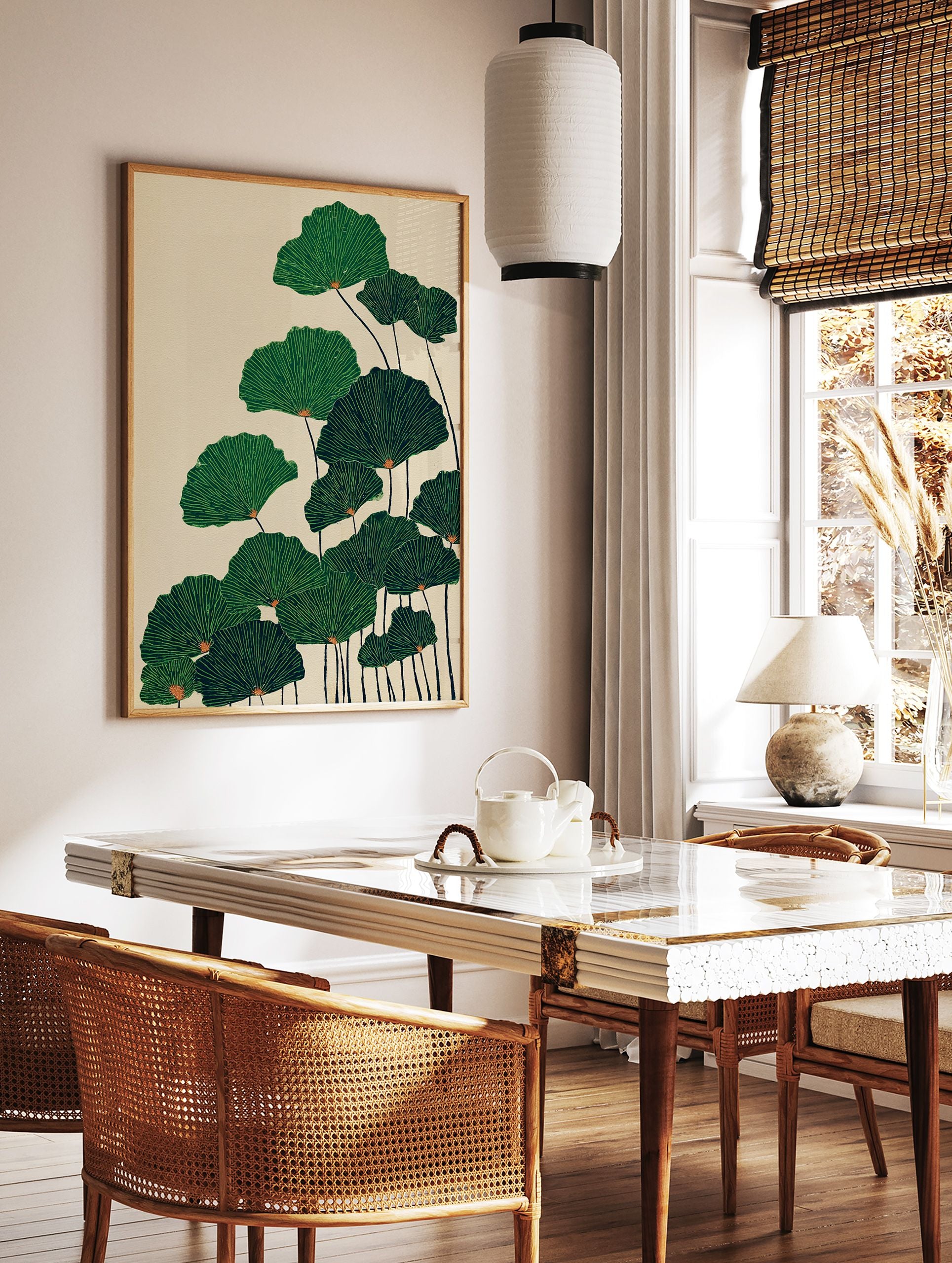 Illustrative art print featuring multiple green fan-shaped botanical leaves on dark stems against a light beige background. - Image 3