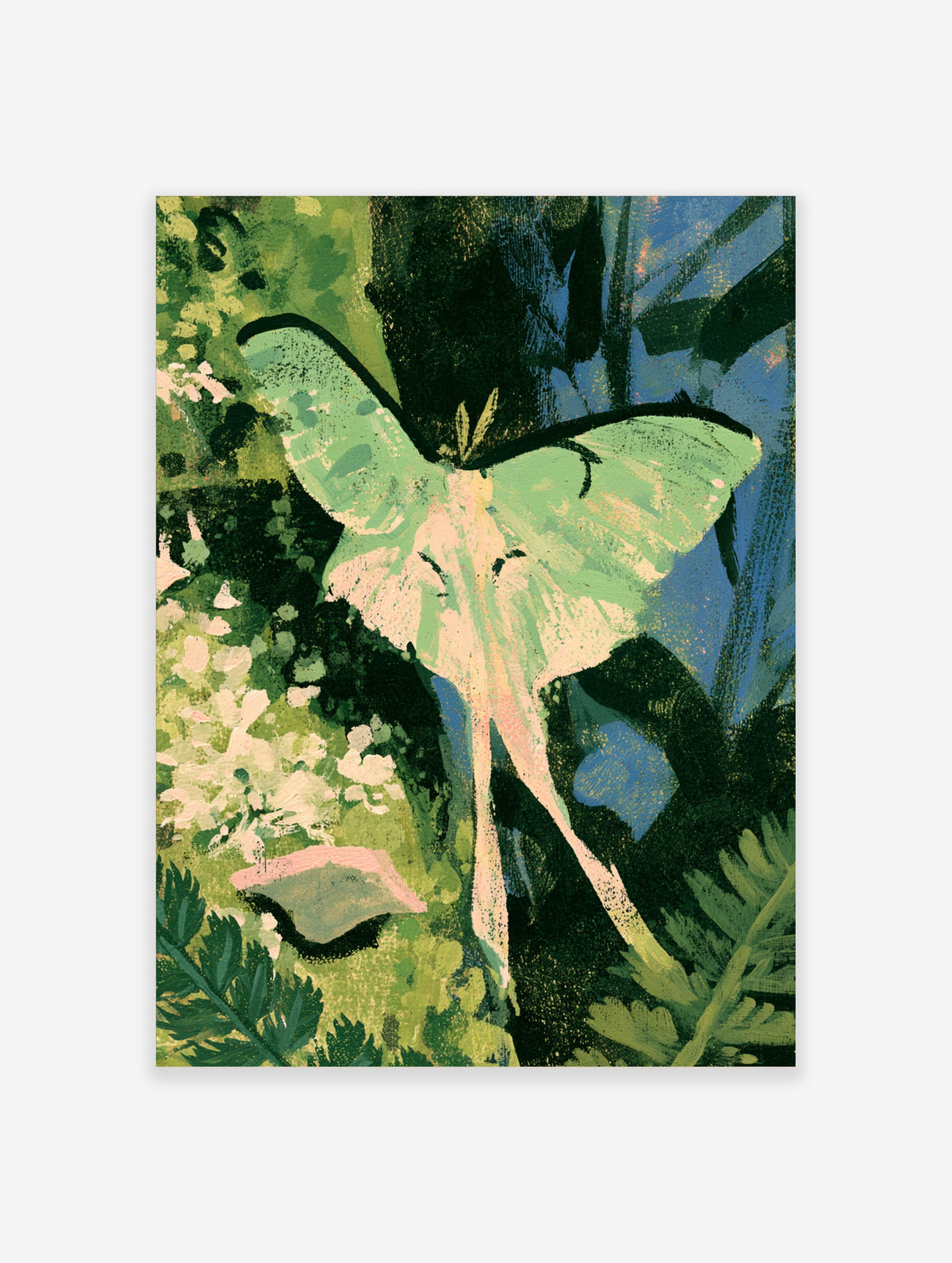 Green luna moth art print with pale wings and long tails against dark foliage and blue-green leaves