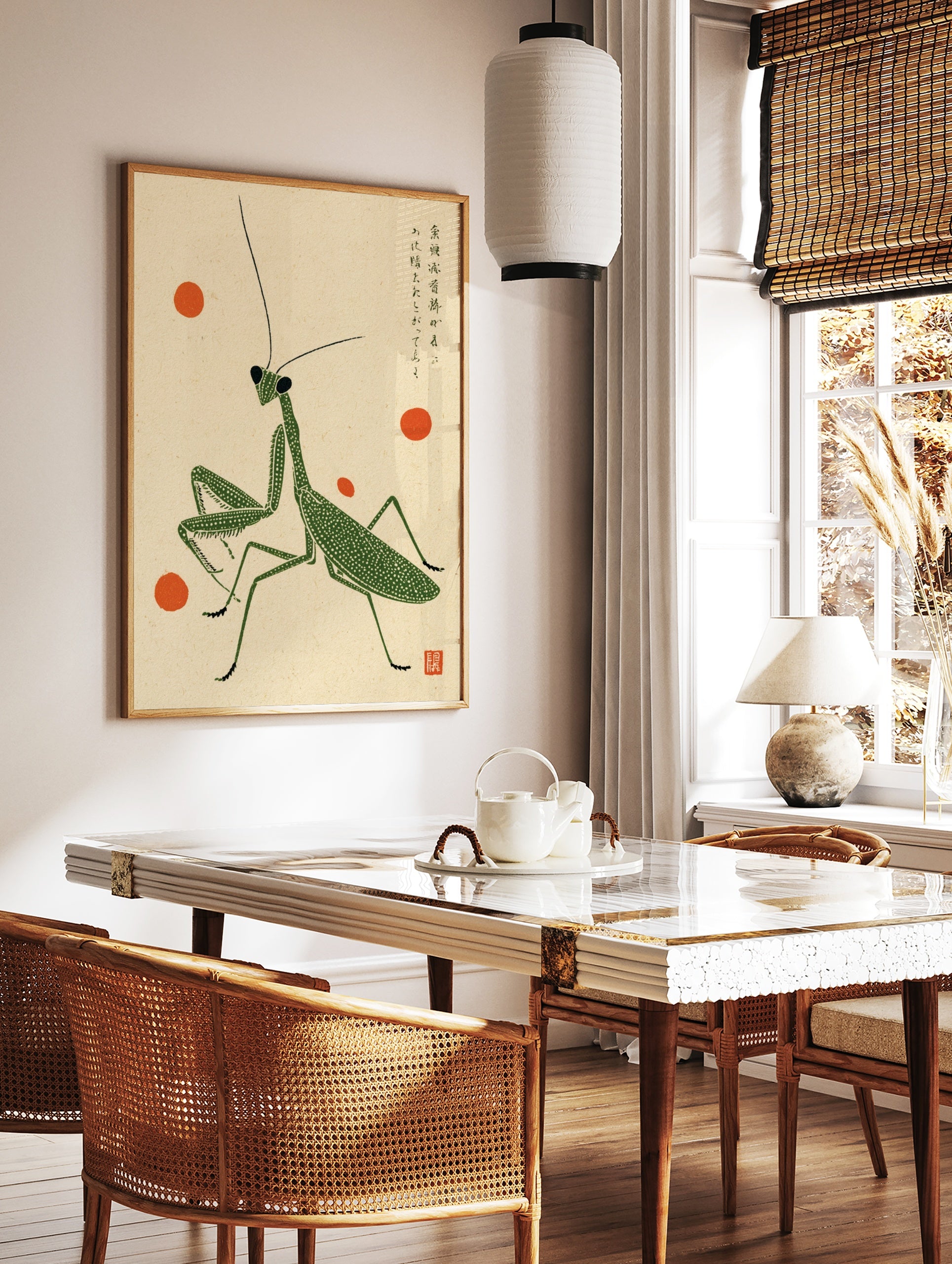 Green praying mantis illustration with stippled texture, orange accents, and Japanese kanji on a, in a styled room mockup