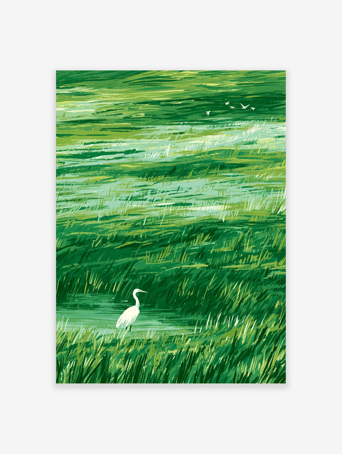 Green marsh landscape poster with a white egret standing in reeds and four birds flying above