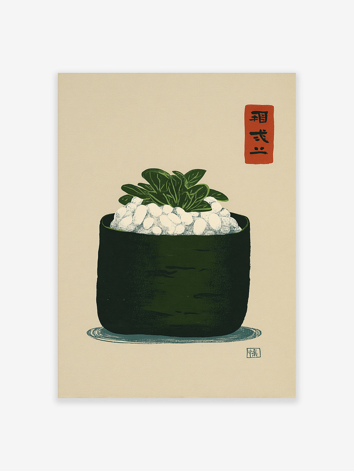 Green matcha bowl print with white mochi, green leaves, and red Japanese seal on beige background