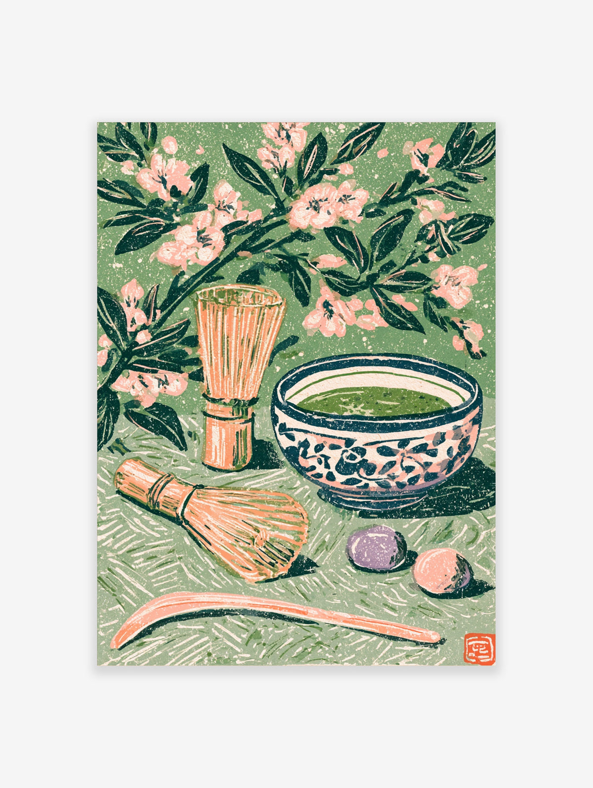 Green matcha tea ceremony poster with bamboo whisk, chawan bowl, and pink cherry blossom branches