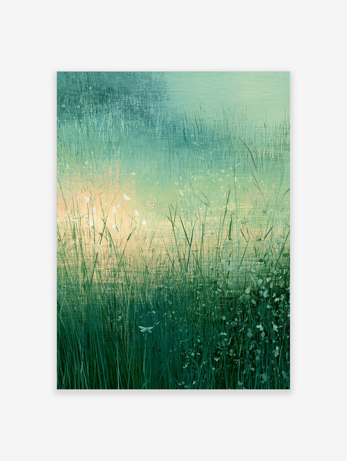 Green meadow grass art print with tall blades, white wildflowers, and peach horizon