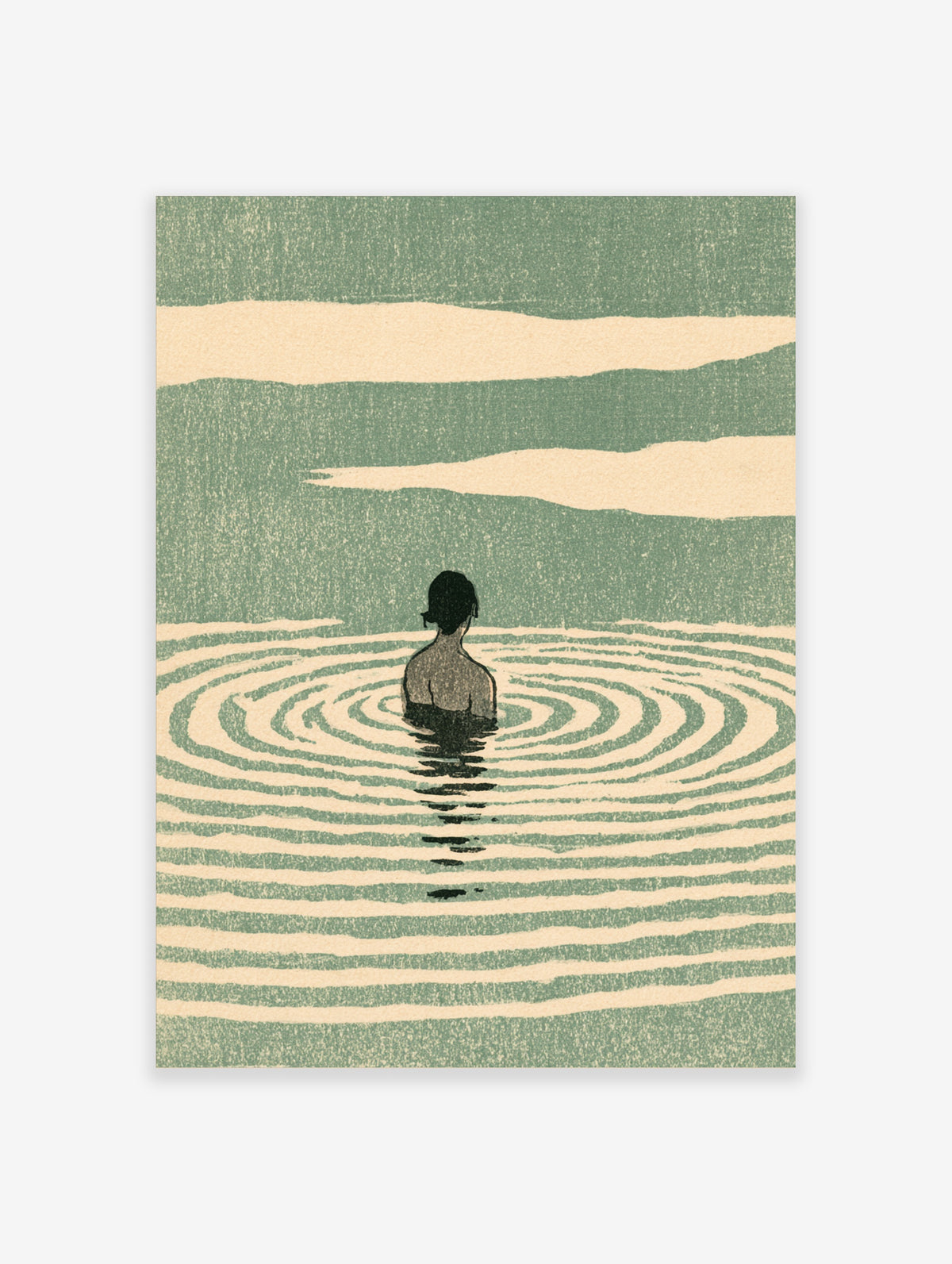 Minimalist green poster of a swimmer from behind in rippling water with cream bands
