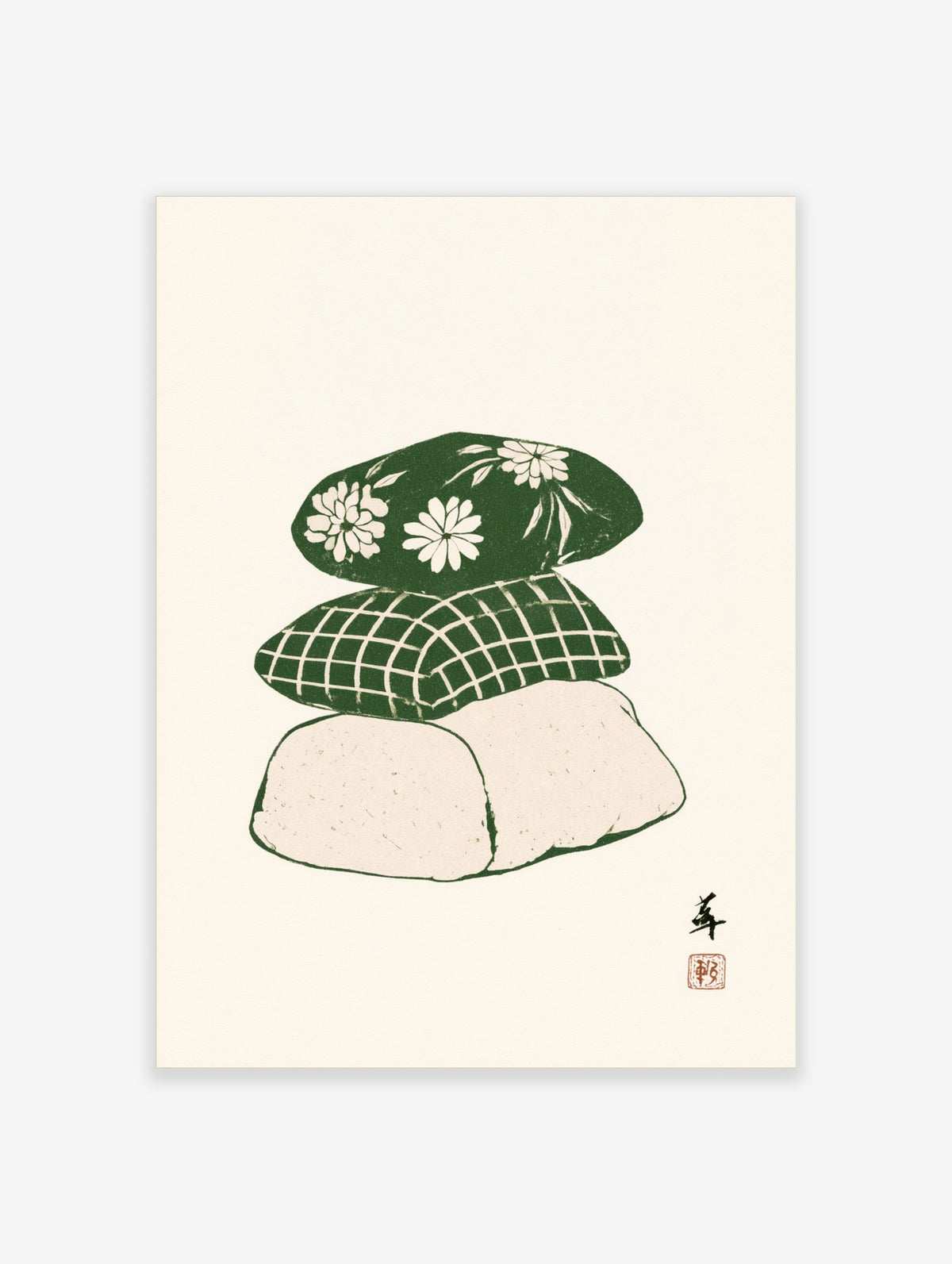 Green mochi rice cakes stacked with floral and check patterns, Japanese wagashi art print