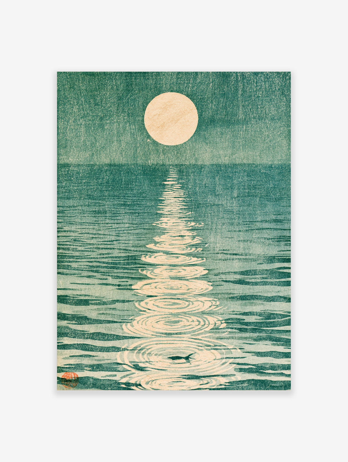 Green ocean poster with pale full moon, concentric light reflections, and small fish silhouette in Japanese style