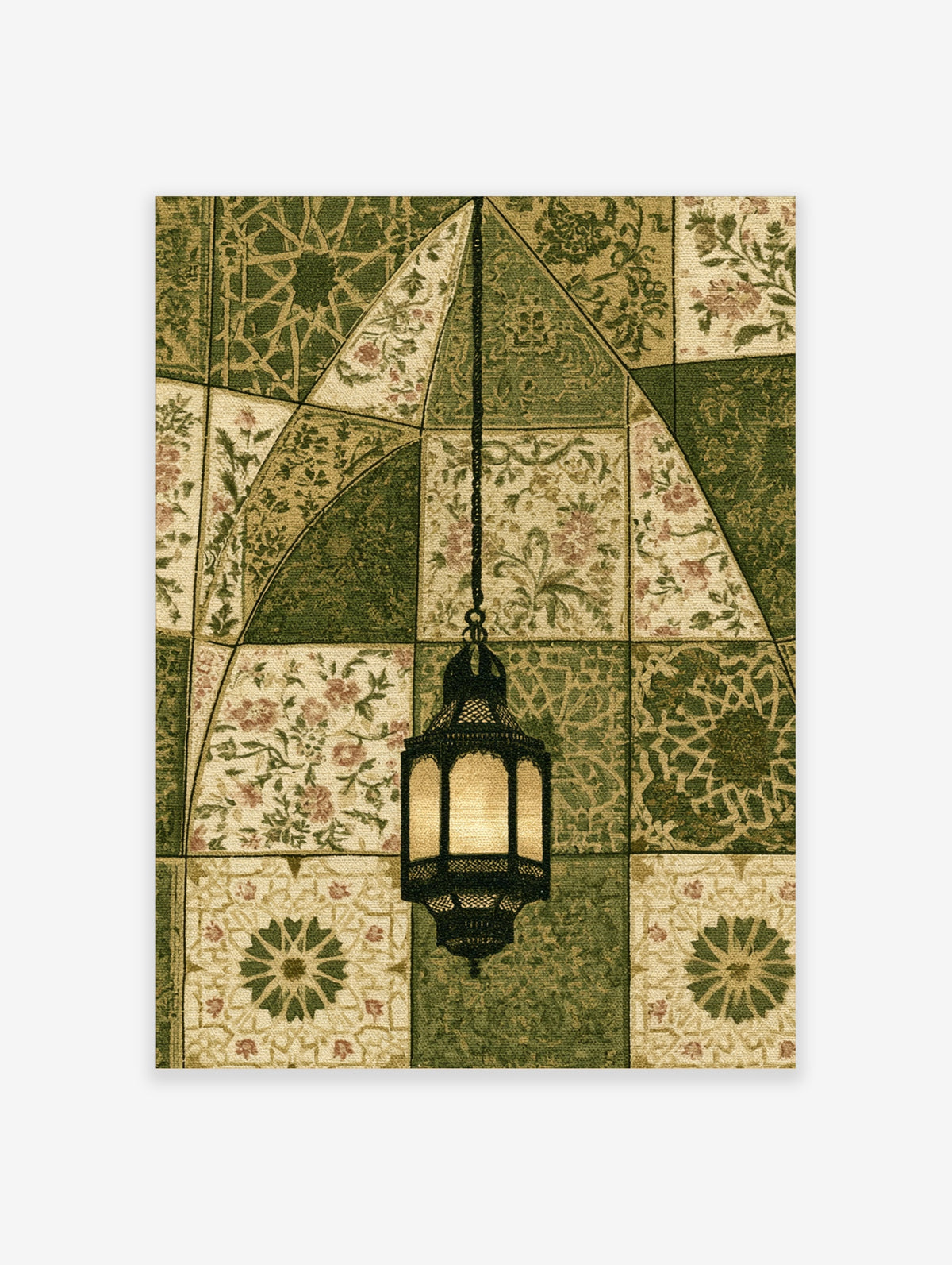 Green Moroccan lantern poster with ornate tile patterns and floral motifs in earthy tones