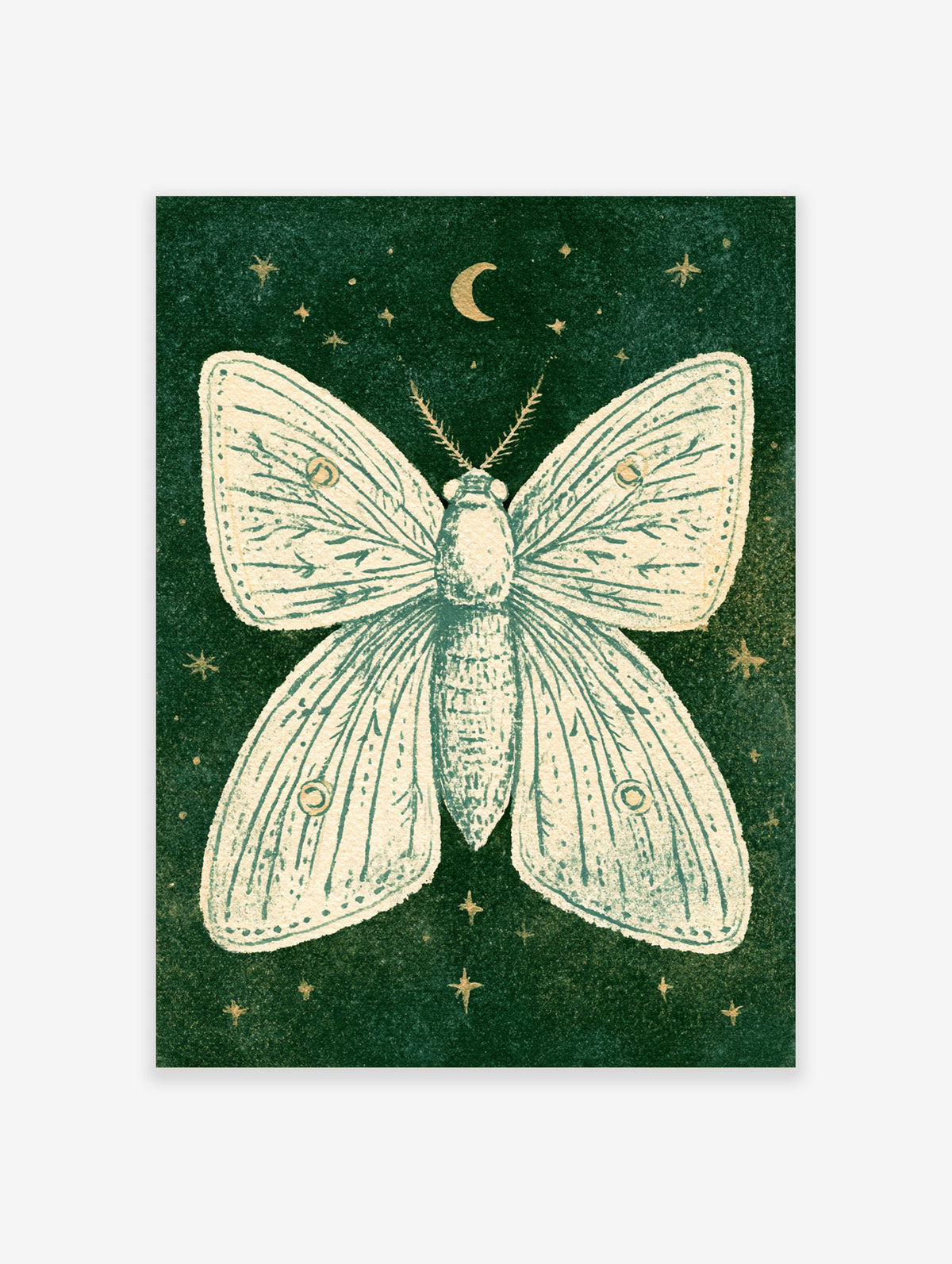 Cream moth with gold crescent moon and stars on dark green background art print