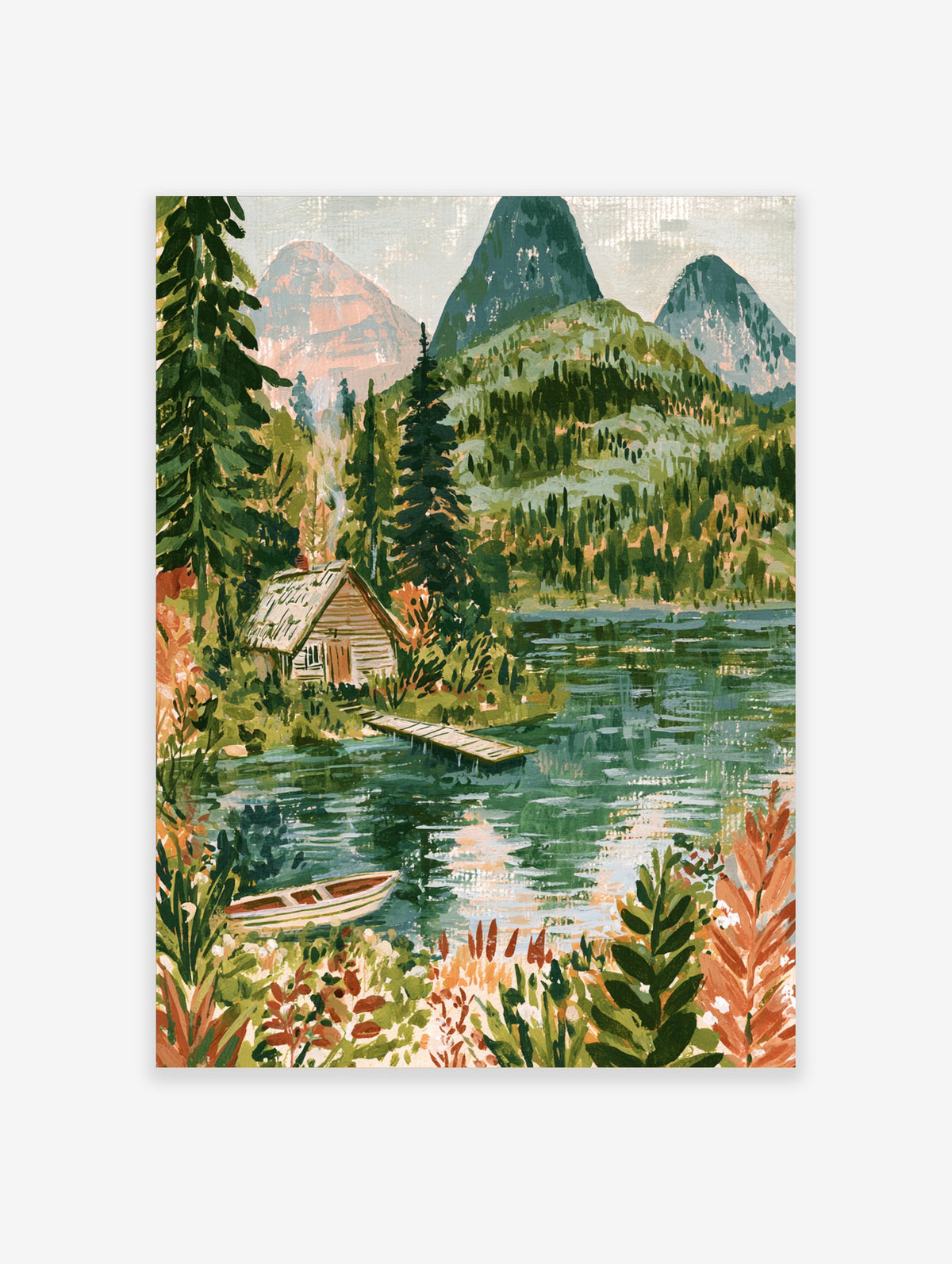 Green mountain lake cabin poster with wooden dock, rowing boat, pine trees, and layered peaks