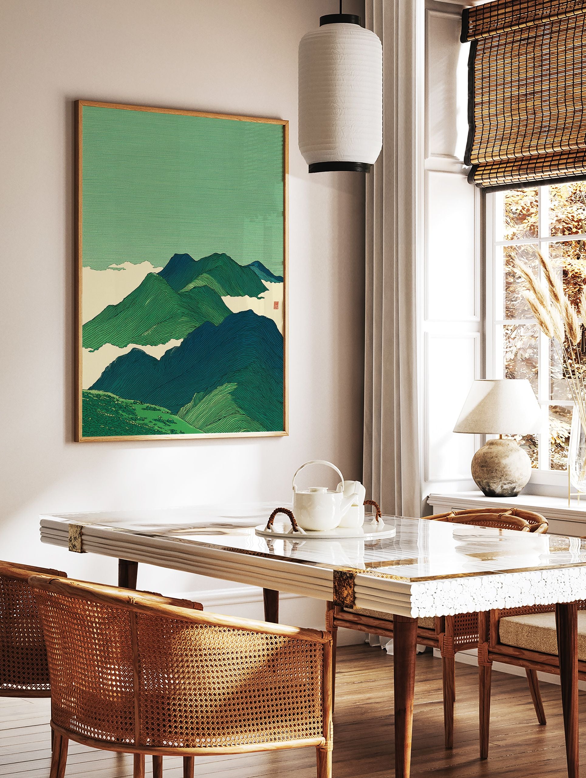 Stylized green mountain landscape illustration art print with clouds and a red stamp in a Japanese art style. - Image 2