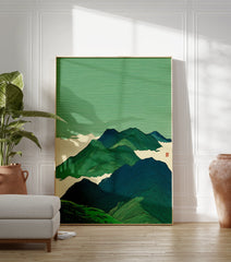 Stylized green mountain landscape illustration art print with clouds and a red stamp in a Japanese art style. - Image 3